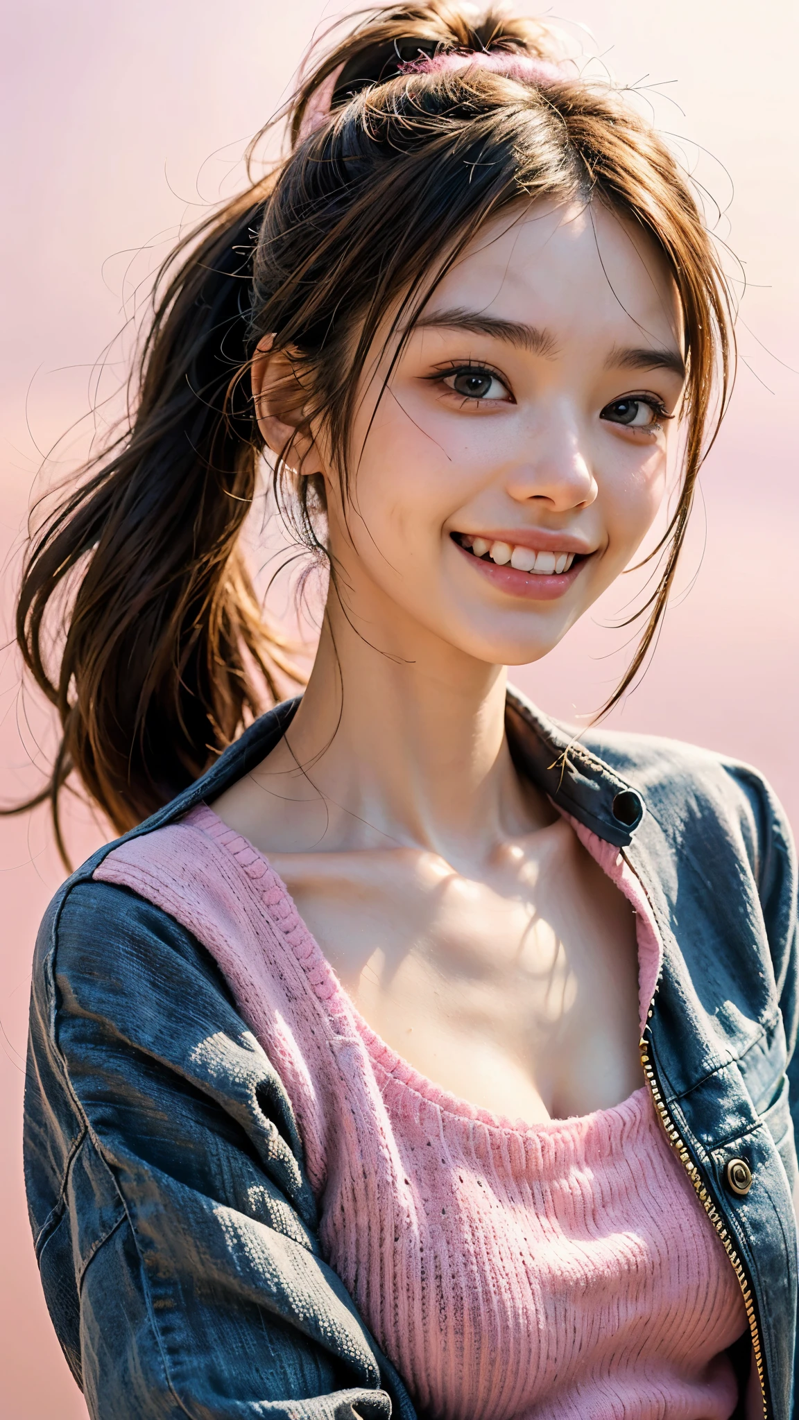 highest quality, masterpiece, ultra high resolution, (realistic:1.4), (close portrait) Raw photo, 1 girl, 22 years old,(((pink one piece sweater))),((black down coat)),masterpiece, realistic pictures, japanese pictures, fuji negative film, saturation, contrast, Pocari Sweat Advertisement ((small )),((smiling showing teeth)),Ponytail and scrunchie,brown hair,