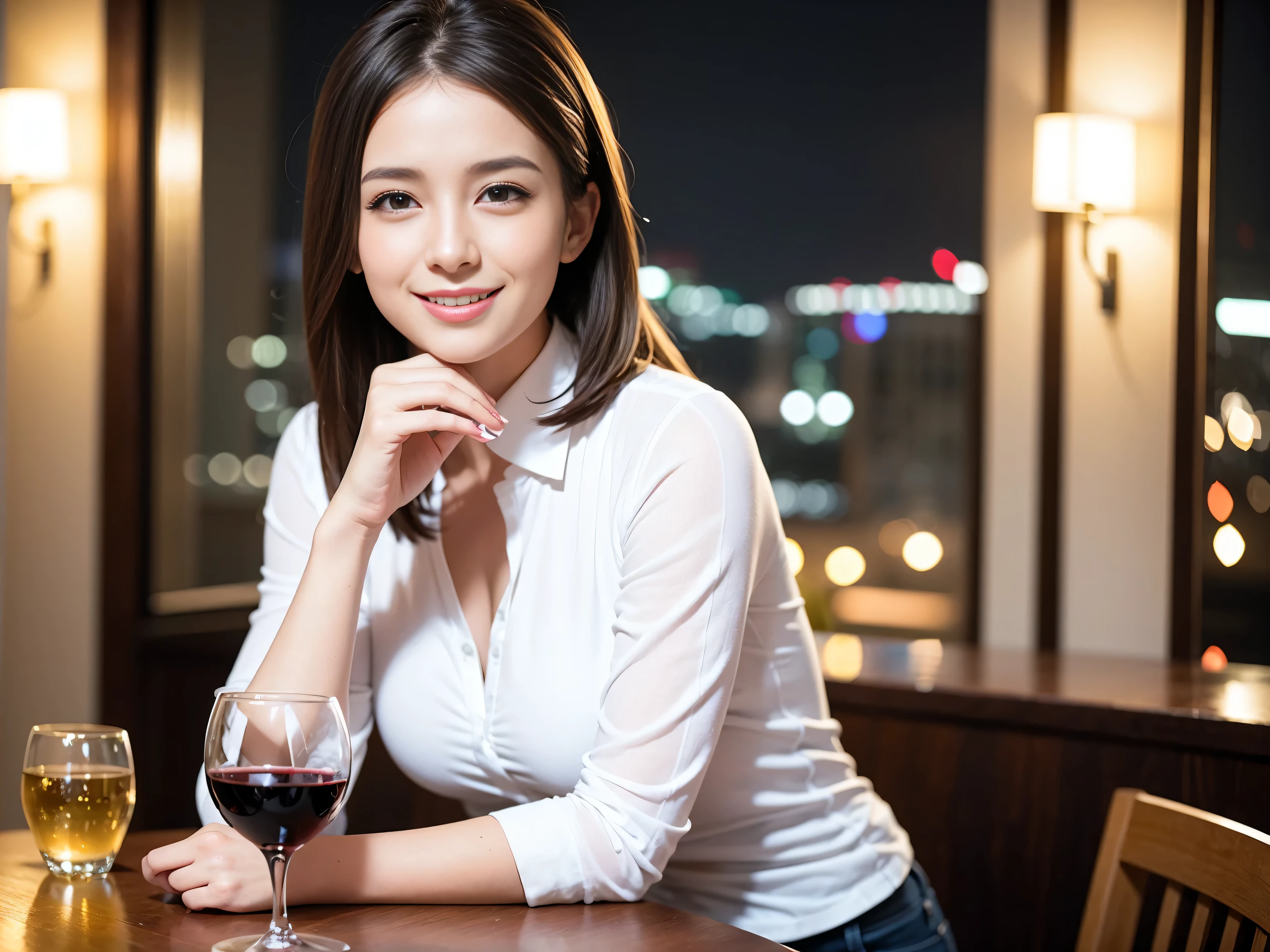 (including 64k, nffsw, highest quality, table top: 1.2), (realistic, photorealistic: 1.37), long sleeve shirt、winter fashion、Colombia、Brazilian、Japanese、Dutch、German、Portuguese、Belgian、Italian、french,champagne、Sparkling wine、 (slimフェイス), (slimボティ), (brown hair), (shortcut), Neat beauty、cheeks blush a little, (35 years old), 38 years old, alone, 窓の外には美しく緻密なnight景が広がります., restaurant, wine glassが座っている, nightに, in a prominent place (from the Upper body) nova frog style, actress, model, Upper body, White wine, slim, wine glass, Super Clean night View, wine glass Put in the Middle, Happy smile, (smile: 1.15), beautiful and detailed eyes, Upper body, bust japan up, night, short, short, actress, model, Upper body, White wine, slim, wine glass, Super Clean night View, wine glass Put in the Middle, Happy smile,