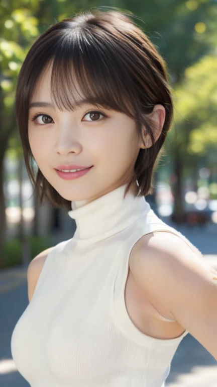 (8K, Super high resolution, highest quality, table top:1.2)、Japanese girl raw portrait、Super high resolution、highest quality、 (huge breasts,:1.8、｛hide all breasts:1.2｝｛Off-white shorts:1.5｝、(Wearing a white sleeveless turtleneck:1.5)、(hands to hips:1.6)、(in the street:1.2) break (natural skin texture、fine skin、hyper realism、Super sharpness)、intricate details、Depth of bounds written、sexy adult woman、black hair short cut、tight buttocks、((masterpiece、highest quality、high detail))、(Photoreal:1.4)、solo、close your mouth、smile happily、Big eyes、Clear double eyelids、eyelash、long neck、Absolute area、beautiful clavicle、perfect face、thin lips、small face、(look at the viewer、eye highlights、light brown eyes、lip gloss)、(Show the whole body from the side:1.3)