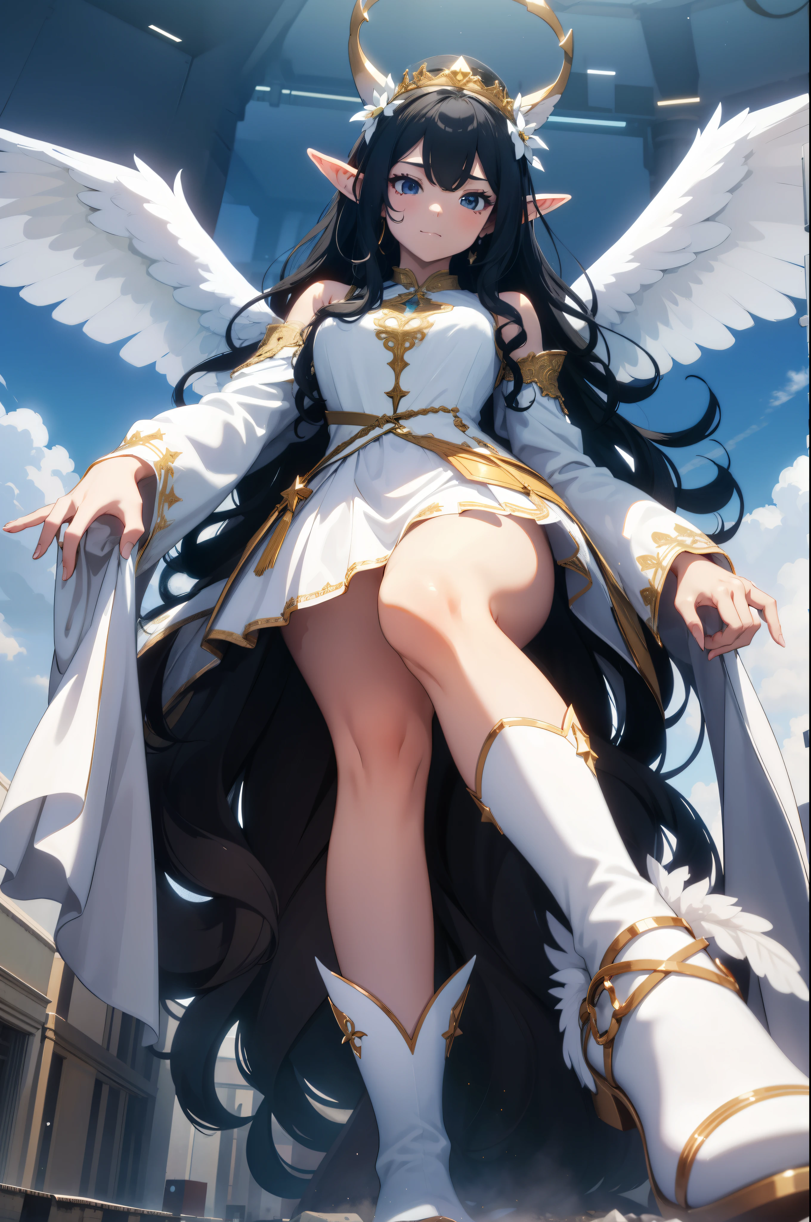 giant girl 50,000 feet high,Weight 1000kg,Have a pair of long legs,Keep your eyes open,Has three pairs of huge white angel wings,With huge devil horns on his head,There are nine fox tails,wear a crown on your head,Elf wearing white earrings,She has long black hair that reaches her feet,loose hair,Black wavy long curly hair,Wearing a pair of white boots on her feet,white sleeves,white skirt,Bow and star embellished skirt,Leaning on a tall building,Beautiful appearance,Exquisite makeup,quality,8k,高quality,Perfect proportion, Cinema lighting,film grain,Fuji colors,8k,textured skin,Super details,high detail,high resolution,domineering,strong,charming,blood stains,脚底有blood stains,whole body,fat,elf princess,feather,flowers