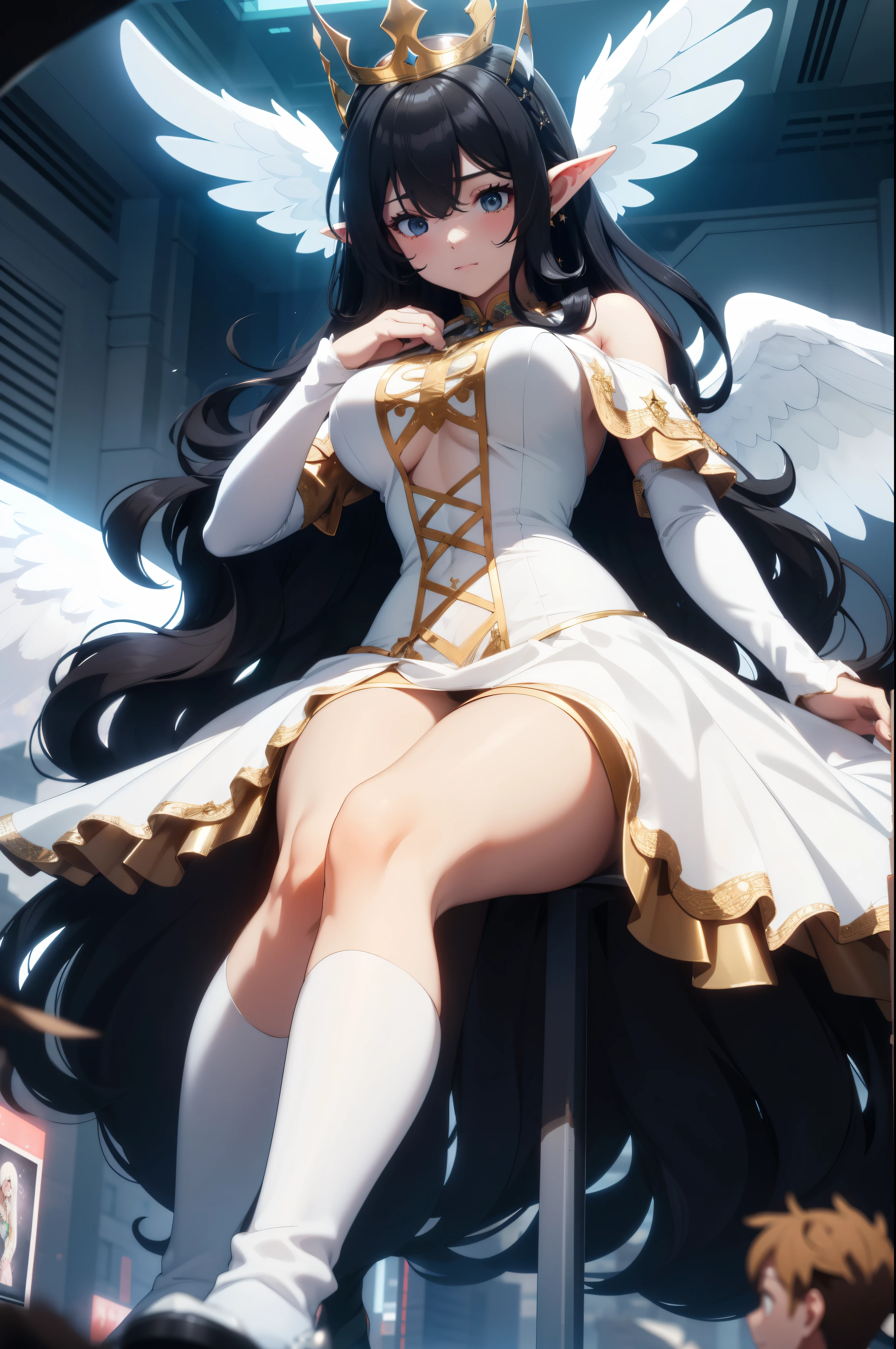 giant girl 50,000 feet high,Weight 1000kg,Have a pair of long legs,Keep your eyes open,Has three pairs of huge white angel wings,With huge devil horns on his head,There are nine fox tails,wear a crown on your head,Elf wearing white earrings,She has long black hair that reaches her feet,loose hair,Black wavy long curly hair,Wearing a pair of white boots on her feet,white sleeves,white skirt,Bow and star embellished skirt,Leaning on a tall building,Beautiful appearance,Exquisite makeup,quality,8k,高quality,Perfect proportion, Cinema lighting,film grain,Fuji colors,8k,textured skin,Super details,high detail,high resolution,domineering,strong,charming,blood stains,脚底有blood stains,whole body,fat,elf princess,feather,flowers