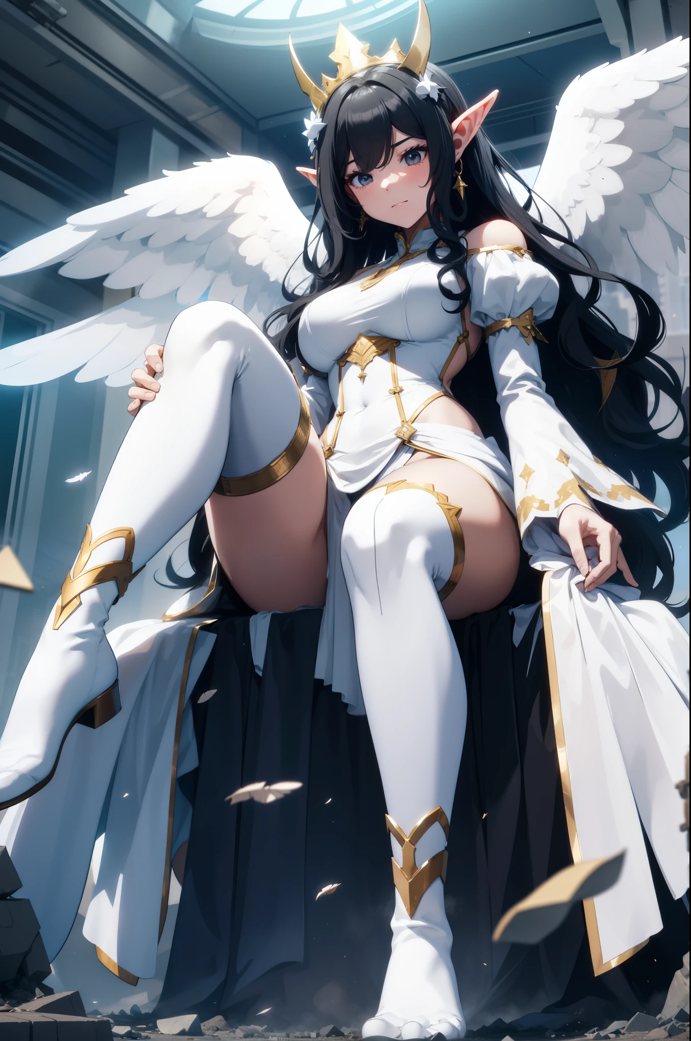 giant girl 50,000 feet high,Weight 1000kg,Has a pair of long legs,Open your eyes wide,Has three pairs of huge white angel wings,With huge devil horns on his head,Has nine fox tails,crown on head,Elf wearing white earrings,She has long black hair that reaches her feet,loose hair,Black wavy long curly hair,Wearing a pair of white boots,White sleeves,white skirt,Skirt with bow and star decorations,Destroying a small city,Beautiful appearance,Exquisite makeup,quality,8k,高quality,Perfect proportion, Cinema lighting,film grain,Fuji colors,8k,textured skin,Super details,high detail,high resolution,Domineering,Strong,charming,blood stains,脚底有blood stains,whole body,Obese,elf princess,feather,flowers
