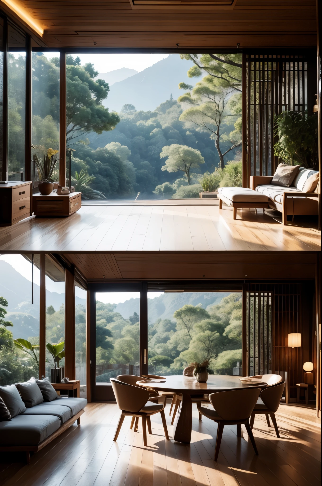 Interior design、Crazy detailed wide angle building photos、cozy contemporary living room、(Bright warm sunshine1:0.1)、屡获殊荣的当代Interior design、landscape、DL、a chair、in the house、wooden floor、window、dining room、east asia east asia architecture、sliding paper door、Lamp light、buliding、forest、Nature、cup、plant、Interior design、Insert lights and shadows、depth of field、low illumination