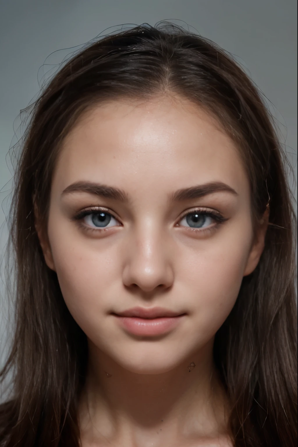 Ukraine girl 27 old. (A round face with expressive features, featuring different shades of pale pink skin for a delicate contrast. The smooth, wrinkle-free forehead provides a perfect canvas for medium, plump eyebrows that suit the round face flawlessly. Wide-open sparkling light gray-blue eyes gaze at you, with perfect lids slightly raised, revealing small pupils resembling black fireplaces. Small under-eye bags emphasize depth, and long black cat eyelashes frame the eyes like dark clouds.

Clear and transparent eyes allow observation of every tiny blood vessel, seemingly glowing on their own. Almost invisible pupils resemble black beads in a blue ocean. Long, black silk-like eyelashes enhance the eyes, framing them like dark clouds.

Oval, medium-sized ears are perfectly placed in the middle of the head, featuring a normal-sized and shaped pinna and small, neat, unpierced earlobes.

A special feature is the girl's small, symmetrical, concave nose, cute and charming, adding elegance with a raised base. Round and plump cheeks, resembling apples, have small, barely noticeable pores on tender and ruddy skin, with noticeable pink cheekbones.

The girl's glossy, soft pink, full lips curve in a loving smile, showcasing delicately rosy hues. Slightly parted, they display various shades of tender pink, adding warmth and tenderness.

A slightly rounded chin adds harmony to her face, giving the impression of perpetual happiness and confidence. The girl gazes at you with tenderness and love, her eyes expressing kindness, and a slight smile playing on her face, revealing the warmth of her heart. The overall effect is enhanced by smooth, tender skin, barely noticeable facial hair, imperceptible cheek veins, various shades of gray-blue eyes, smooth eyes, invisible lip hair, unseen lip pores, inconspicuous lip wrinkles, smooth lips, imperceptible lip veins, a smooth nose, unseen nose hair, invisible nose pores, and unnoticed nose wrinkles.

Cascading obedient dark chestnut hair, 