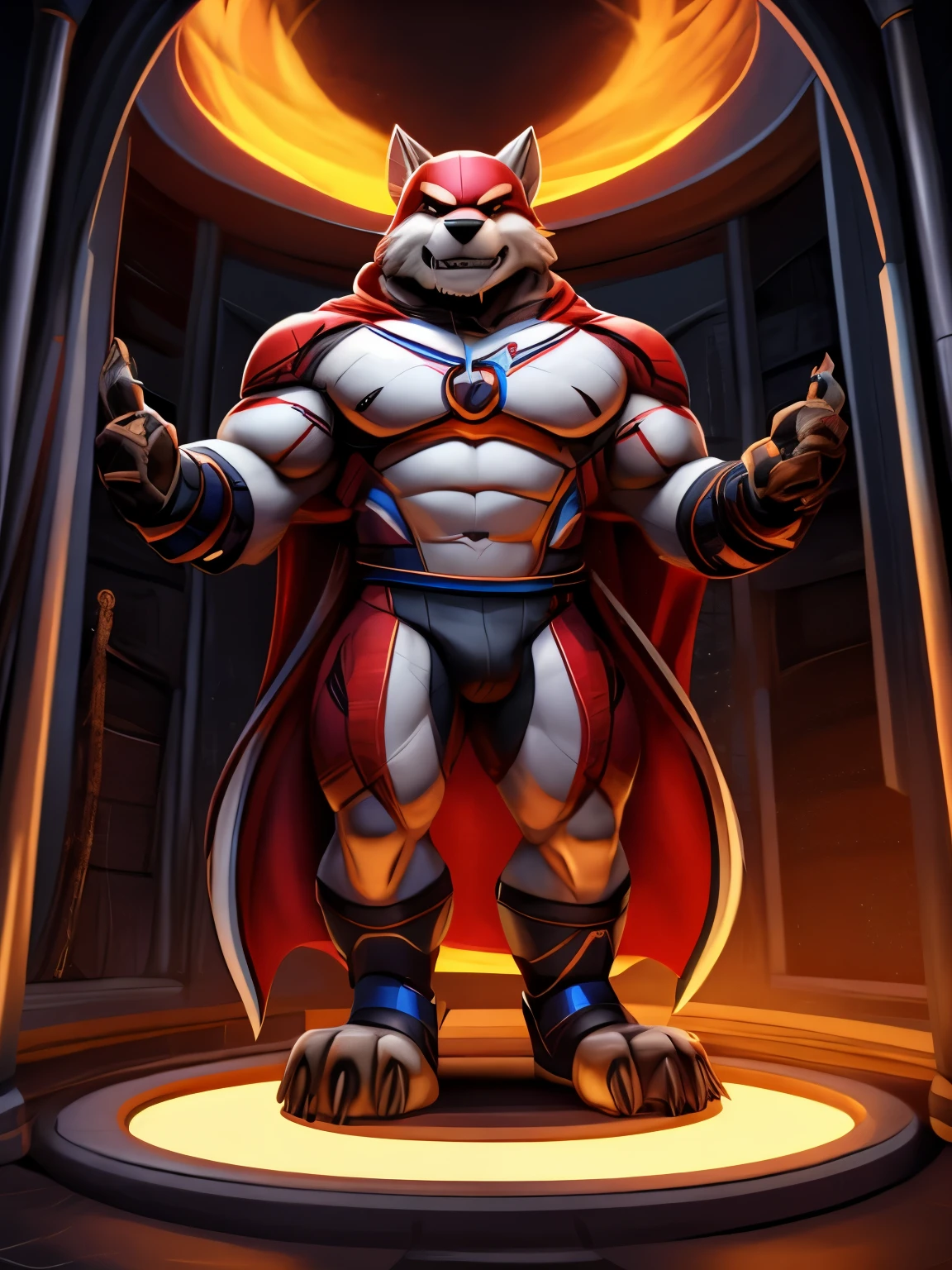 male anthro dog, super hero latex uniform, barefoot, nice big feet paws with pawpads and claws, hypnotic room, brainwash machine, drooling, eyes glowing