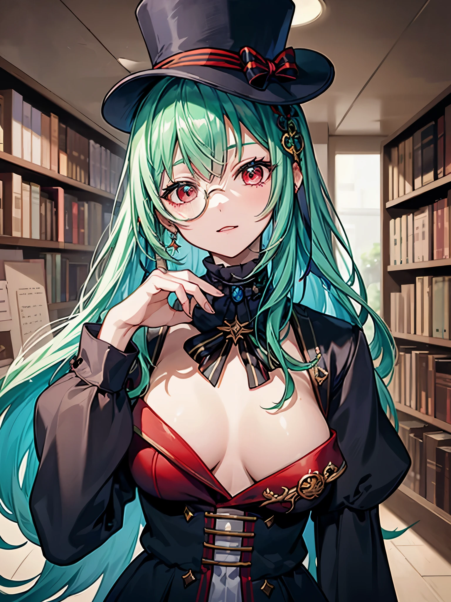(((masterpiece、Highest image quality、highest quality、highly detailed unity 8kwallpaper)))、((Illustration of one girl、upper body))、(((beautiful girl)))、(librarian)、(Emerald green hair、sidelocks:1.2、red eyes)、(((crazy smile)))、(((flat chest)))、(monocle)、pocket watch、(((Black top hat、Black tuxedo)))、great medieval library