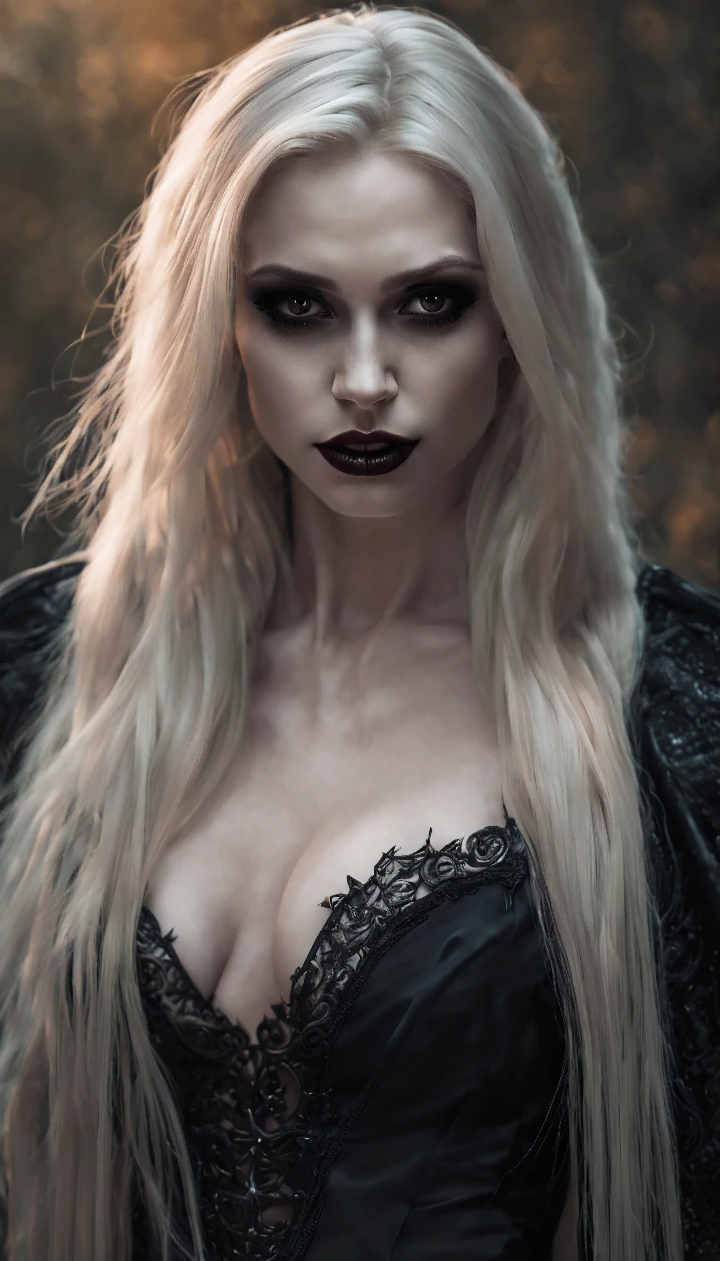 seductive vampire woman, Busty and long blonde hair, realism, pale skin, sharp fangs, dark eyes, loose hair, Gothic attire, Canon,4K, mysterious, Gothic, Sexy beautiful vampire girl, High 8K Image Quality, detailed image 16K.