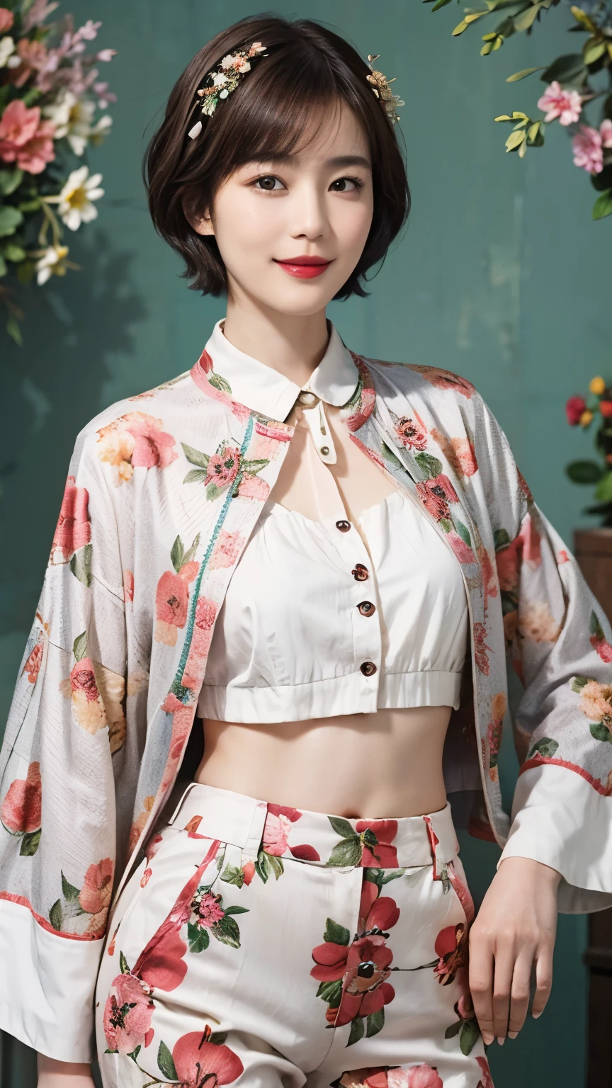 149
(20 year old woman,floral print outfit,pants), (Super realistic), (high resolution), ((beautiful hairstyle 46)), ((short hair:1.46)), (gentle smile), (brest:1.1), (lipstick)
