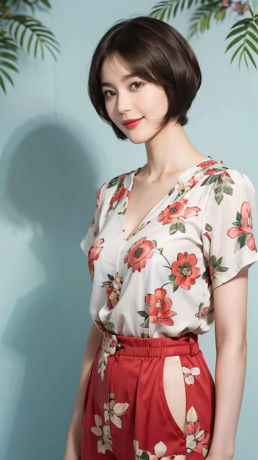 149
(20 year old woman,floral print outfit,pants), (Super realistic), (high resolution), ((beautiful hairstyle 46)), ((short hair:1.46)), (gentle smile), (brest:1.1), (lipstick)
