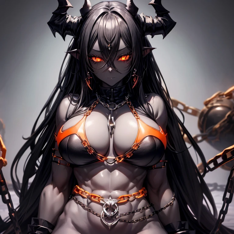 Best quality, 1 demon girl, (Pure black skin:1.5), glowing orange eyes, wearing brassiere, (chains:1.4), (mature:1.2), (huge breasts:1.1), (Muscular), simple background, grey background