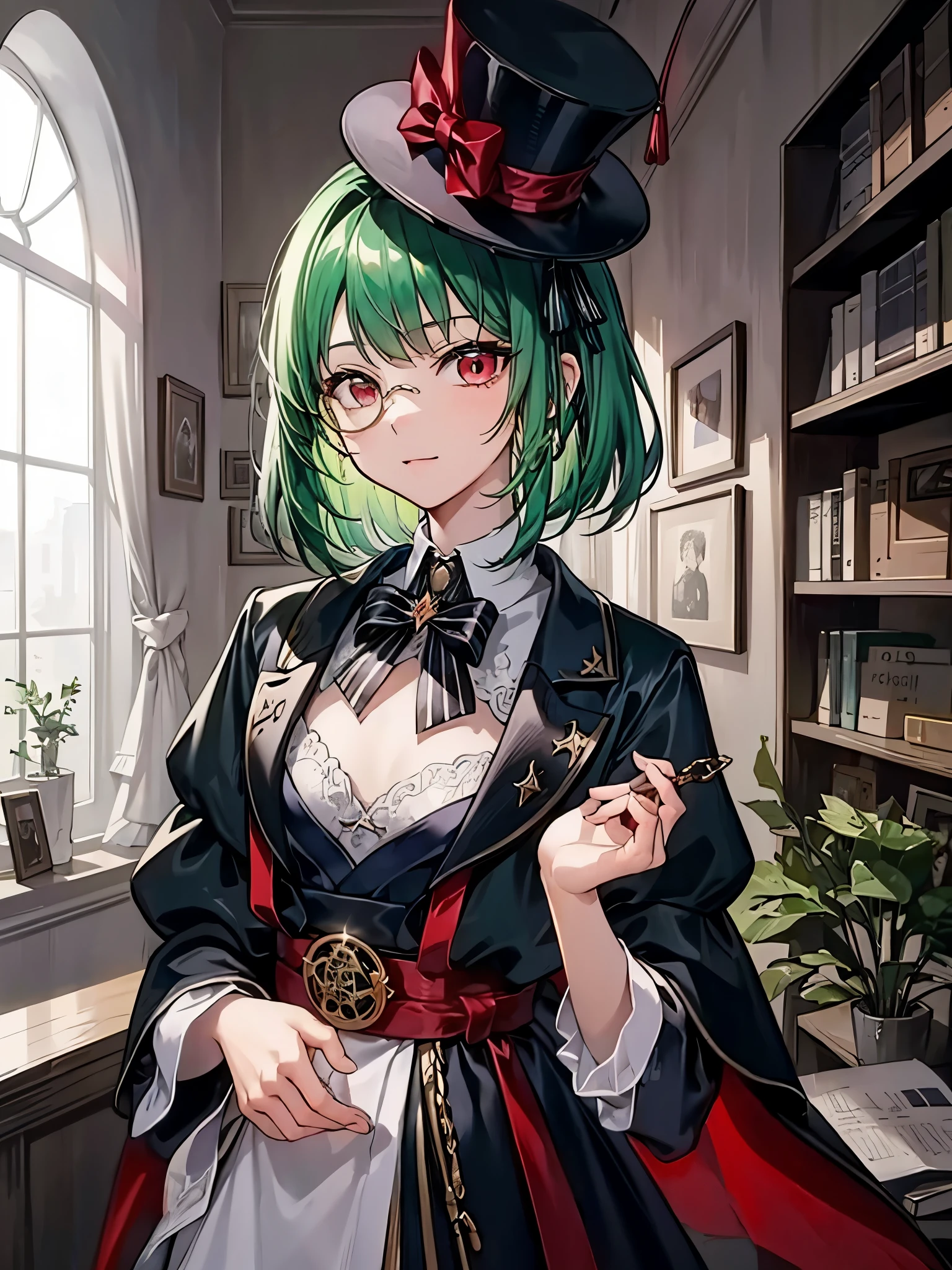 （（（masterpiece、Highest image quality、highest quality、highly detailed unity 8ｋwallpaper）））、（（Illustration of one girl、upper body））、（（（beautiful girl）））、（librarian）、（Emerald green hair、sidelocks：1.2、red eyes）、（（（crazy smile）））、（（（flat chest）））、（monocle）、pocket watch、（（（Black top hat、Black tuxedo）））、great medieval library