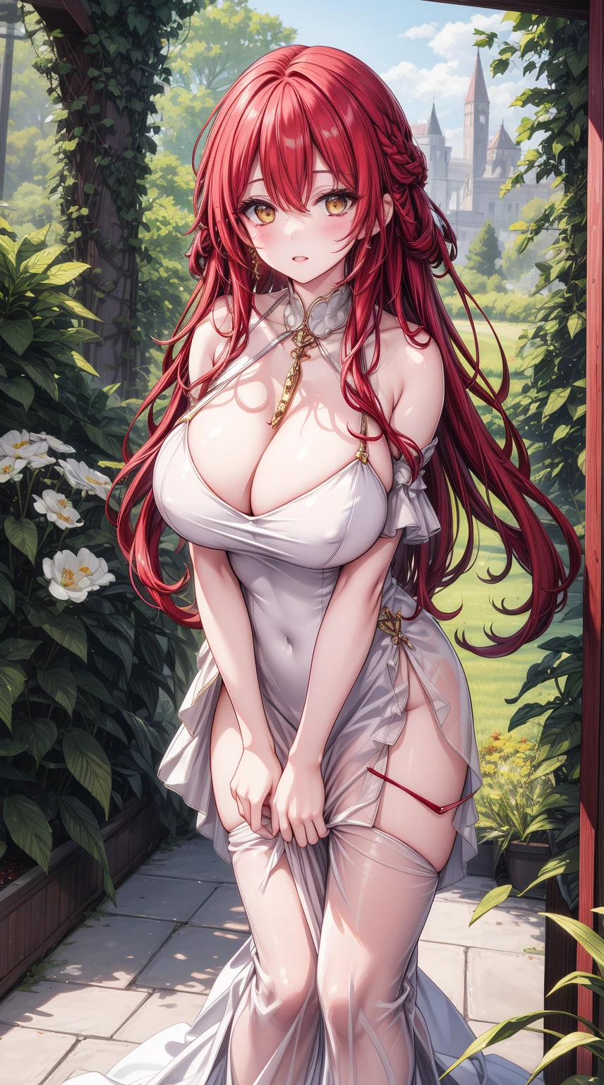 A cute anime girl with long red hair and white dress,
BREAK
, himeko, red hair, yellow eyes, long hair, bangs, (Beautiful,Huge_Breasts:1.3),
BREAK
, 1adult, solo, Standing in the garden, full body, full figure,
BREAK
, A breathtakingly beautiful garden filled with vibrant flowers, lush green plants, and a crystal-clear pond. The air is filled with the sweet scent of blooming flowers, and rays of golden sunlight gently filter through the leaves, creating a magical atmosphere, 
BREAK
, dress, single glove, gloves, white long dress,
BREAK
, beautiful detailed eyes, beautiful detailed lips, extremely detailed eyes and face, long eyelashes,
BREAK
, medium: oil painting, atmospheric lighting, dreamy color palette, detailed interior decoration, quiet and peaceful ambiance,
BREAK
, (best quality,4k,8k,highres,masterpiece:1.2), ultra-detailed,