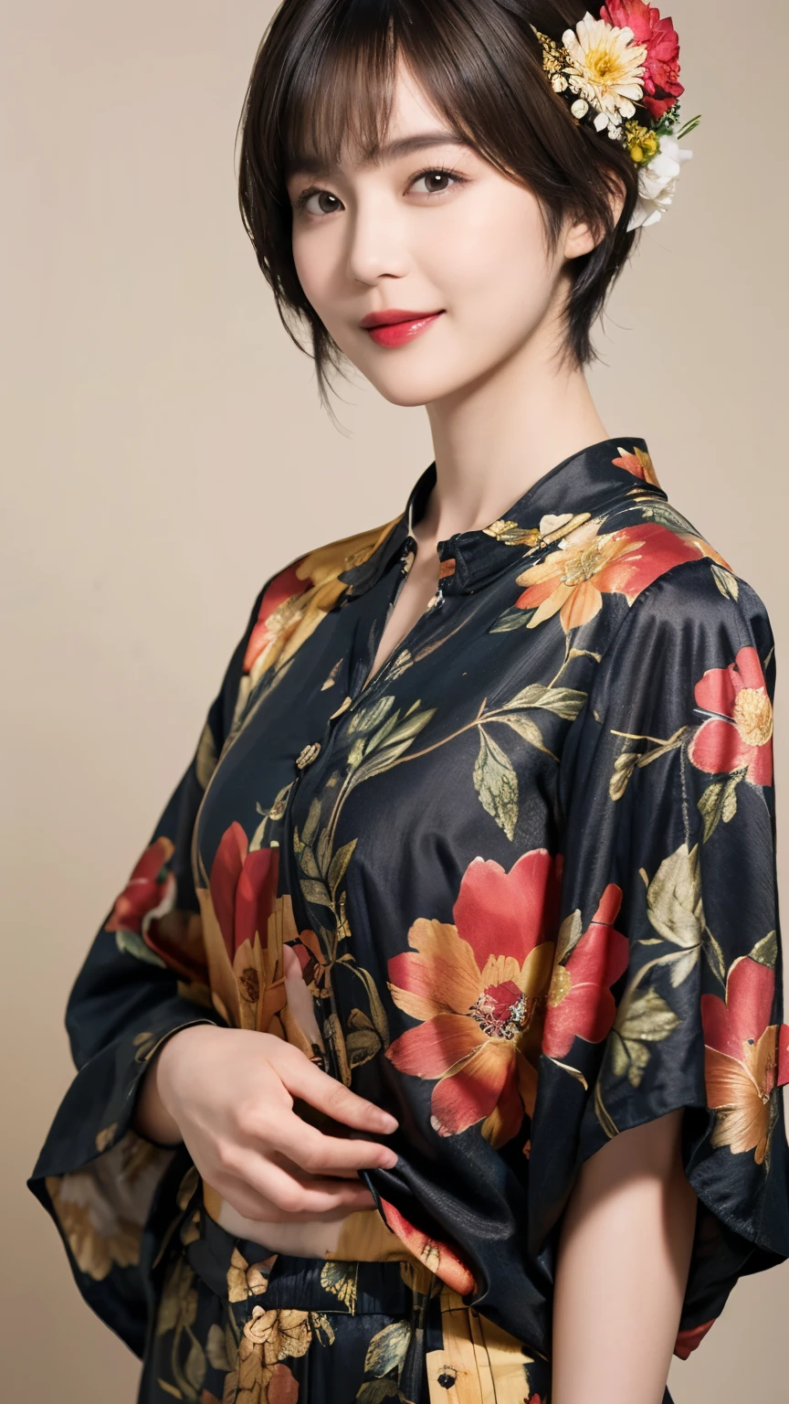 149
(20 year old woman,floral print outfit,pants), (Super realistic), (high resolution), ((beautiful hairstyle 46)), ((short hair:1.46)), (gentle smile), (brest:1.1), (lipstick)