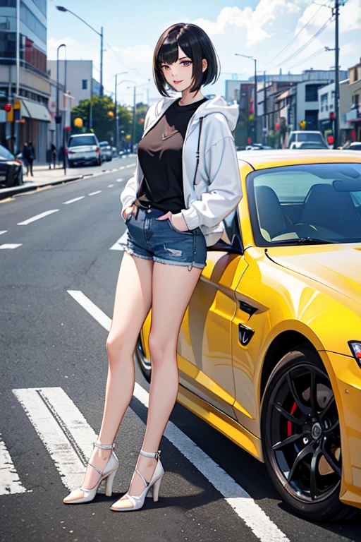 (masterpiece),(best quality),highres,incredibly absurdres,absurdres,very_high resolution,original,intricate details,hyper detail,ultra-detailed,exquisite detailed,extremely delicate,illustration,,(1girl),(solo),solo_focus,,looking at viewer,mature female,,shiny hair,glossy hair,forehead,diagonal bangs,swept bangs,short hair,hair behind ear,black hair,,sharp_eyelid,eyeliner,eyelashes,eyeshadow,lipgloss,lips,high_nose,smile,seductive smile,glossy skin,pale skin,shiny skin,medium_breasts,perky_breasts,standing, fullbody,yellow car, cloudy sky,city,motor vehicle,ground vehicle,sports car,vehicle focus, white footwear,denim shorts, gray hoodie,bare legs, hands in pockets,