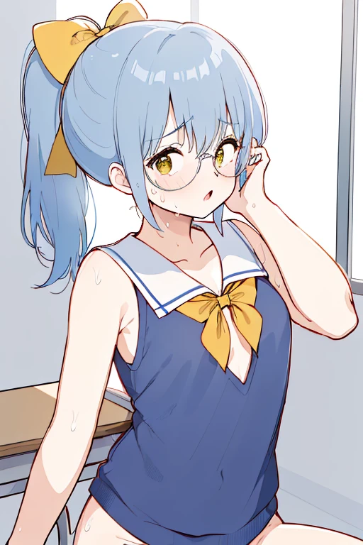 masterpiece, best quality, cinematic, volumetric lighting, very detailed, high resolution, sharp, sharp image, 4k, 8k, 35 mm, headgrabblowjob, 1girl, kasuga manami, penis, 1boy, fellatio, oral, uncensored, testicles, hand on another's head, (((((vulgarity))))), slender body, (((((sweat))))), school, class room, classroom chairs, window, , 身長160cm, ((Small breasts, light blue hair, yellow ribbon, glasses, ponytail)), nsfw, close up