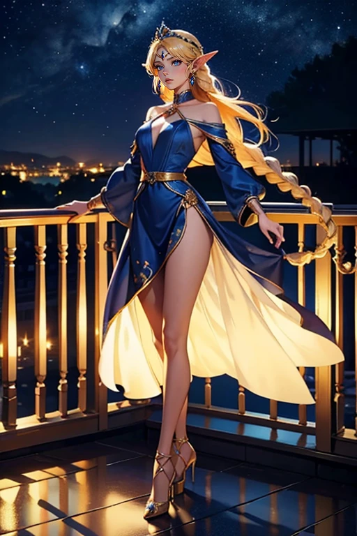 elf princess, tiara, earrings, deep blue plunge dress, golden hair in braids, , slender figure, high heels, palace, night sky, full body, standing next to balcony, 1girl