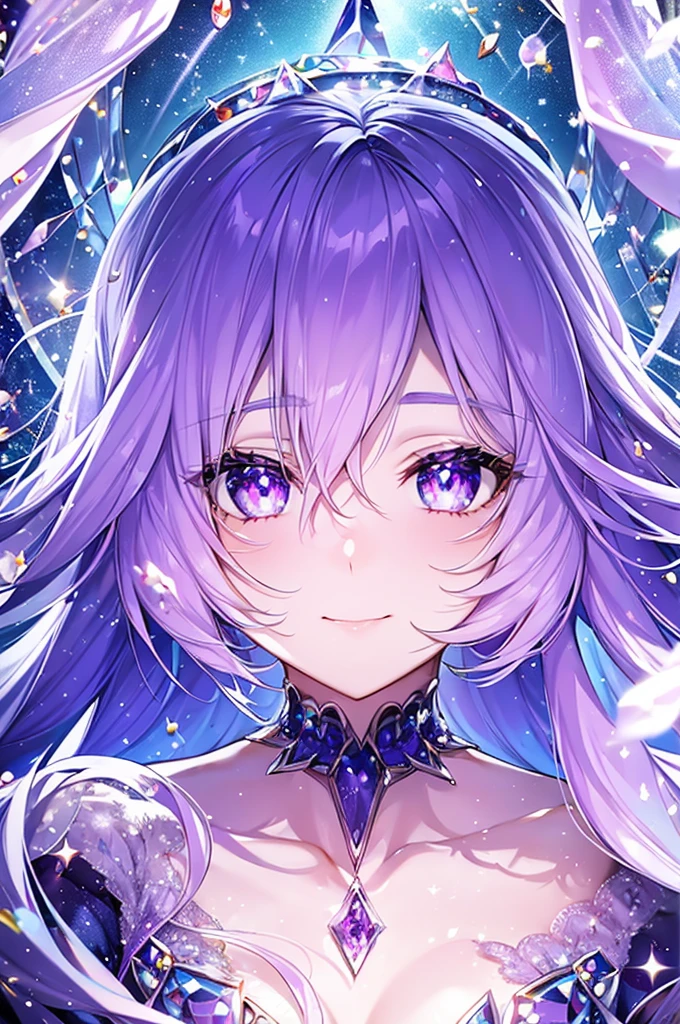 With amethyst motif,Pretty, one person, blue hair, ahoge, hair behind ear, hime cut, crystal hair, hair flower,water, pupils sparkling, diamond-shaped pupils, smile, Genre painting, sparkle, reflection light, move chart, anatomically correct, textured skin, super detail, high quality, highres,Fine-grained skin,The big picture,Sapphire-like beauty,It's like a jewel,Diamonds scattered around,Fine-grained light,masterpiece,bust,silk,mysterious,Detailed Hair++,Worthy of God,Reflected light,Composition in motion,Detailed clothing,Trending,Detailed pupils,dress,grey hair,Realistic light,profile,purple,tachi-e, Fujifilm, from side,anatomically correct, award winning, high details, ccurate, UHD,