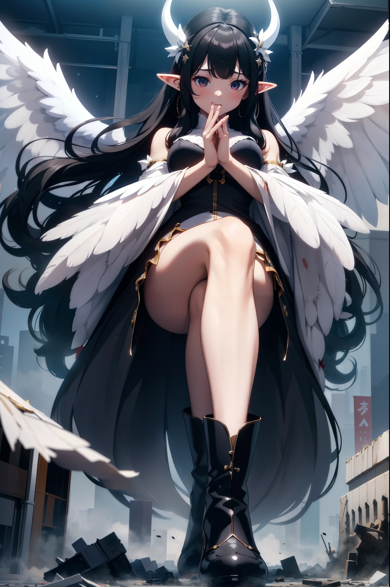 giant girl 50,000 feet high，Weight 1000kg，Has a pair of long legs，Open your eyes wide，Has three pairs of huge white angel wings，With huge devil horns on his head，Has nine fox tails，crown on head，Elf wearing white earrings，She has long black hair that reaches her feet，loose hair，Black wavy long curly hair，Wearing a pair of black boots，White sleeves，white skirt，Skirt with bow and star decorations，Destroying a small city，Beautiful appearance，Exquisite makeup，quality，8k，高quality，Perfect proportion, Cinema lighting，film grain，Fuji colors，8k，textured skin，Super details，high detail，high resolution，Domineering，Strong，charming，blood stains，脚底有blood stains，whole body，Obese，elf princess，feather，flowers