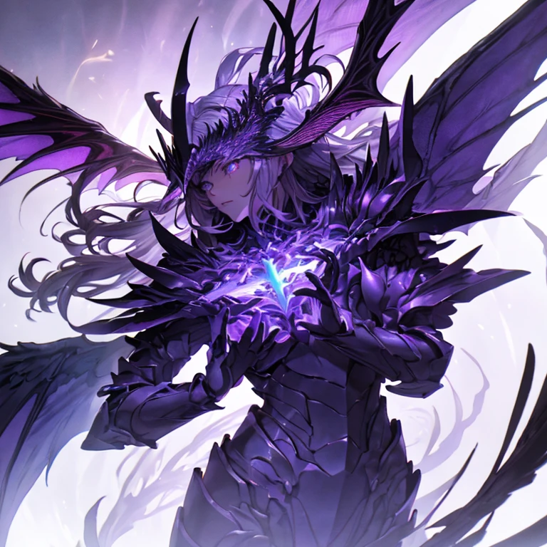 masterpiece, highly detailed CG unified 8K wallpapers, 8k uhd, dslr, high quality, clean, best illumination, a god in a purple and black dragonic armor, black wings and tail, glowing purple and blue eyes, cinematic, ultra-high resolution, ultra-high detailed, high-definition, shadowverse style