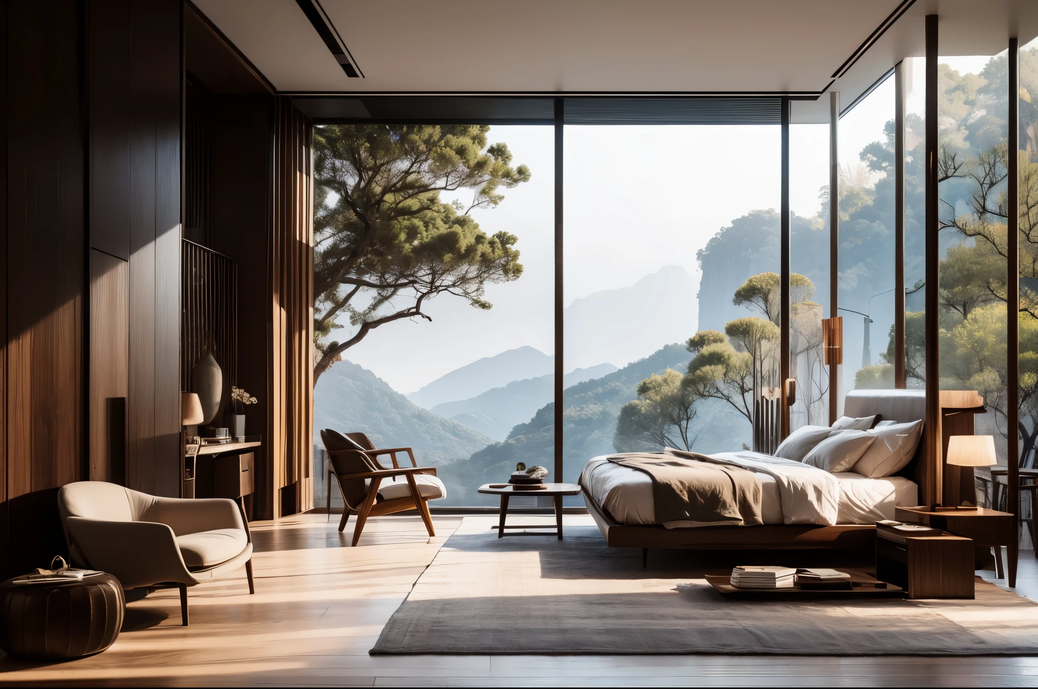 Lao Chen Jingdian, no humans, window, scenery, table, tree, chair, book, bed, pillow, cup, curtains