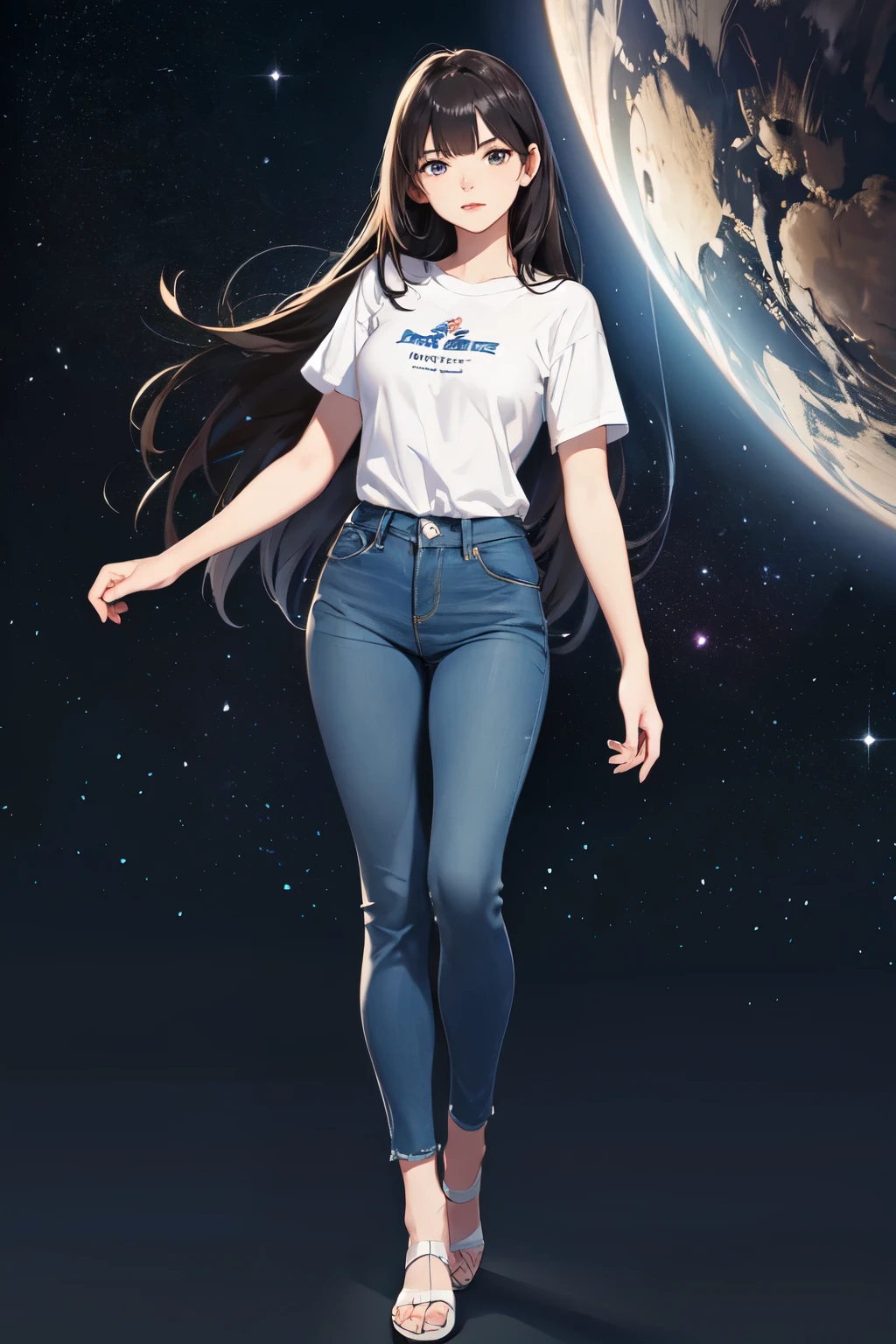 Canon RF85mm f/1.2,1girl, solo, realistic, long hair, denim, black hair,full body,sky,night,Galaxy,simple background,