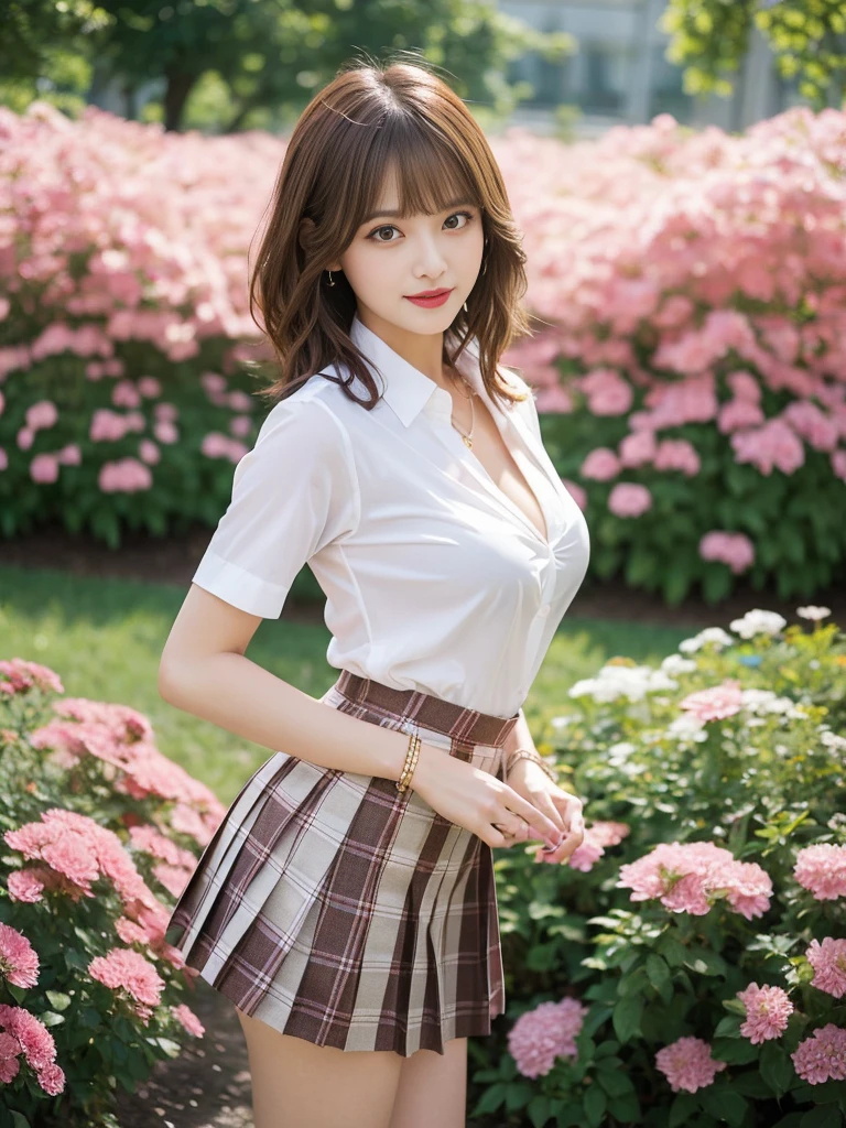 nsfw, 8K raw photo, Best quality, masterpiece, ultra high res, film grain, filmg, 1girl, looking at viewer, natural skin texture, realistic eye and face details, full lips, lipstick, (makeup), red eyeshadow, fluffy short hair, messy hair, smile, close mouth, beautiful legs, tall female, skinny, slim_legs, solo, enormous breast, cleavage, Pose with buttocks facing you, ultra short skirt, ass, shirt, beautiful nature location, around flower location, (detailed background), plaid skirt, white shirt, enormous breast, cleavage, Show a little cleavage through the shirt, loafers, blurry background, blurry, holding, plaid, short sleeves, jk ribbon on the neck, jk ribbon, brown hair, bracelet, water, bangs, , jewelry, parted lips, lips, from side, pleated skirt, depth of field