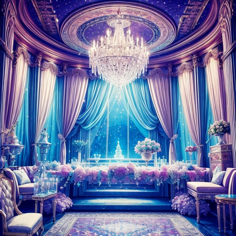 heaven room，（（（Full of crystals）））Crystal table，crystal sofa，Crystal plants，There is a magic circle above，Balcony，（（pastel tones）），magic（（（Magical atmosphere）））（（（masterpiece）））， （（best quality））， （（intricate details））， （（Surrealism））（8k）