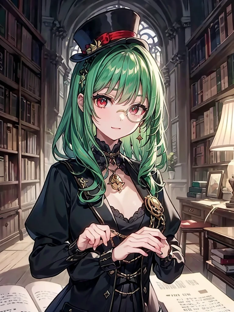 （（（masterpiece、Highest image quality、highest quality、highly detailed unity 8ｋwallpaper）））、（（Illustration of one girl、upper body））、（（（beautiful girl）））、（librarian）、（Emerald green hair、sidelocks：1.2、red eyes、crazy smile）、（（（flat chest）））、（（（monocle）））、pocket watch、（（（Black top hat、Black tuxedo）））、great medieval library、Large amount of books、stage