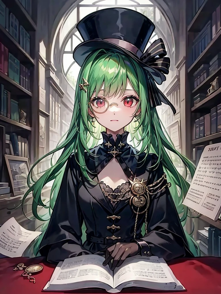 （（（masterpiece、Highest image quality、highest quality、highly detailed unity 8ｋwallpaper）））、（（Illustration of one girl、upper body））、（（（beautiful girl）））、（librarian）、（Emerald green hair、sidelocks：1.2、red eyes、crazy smile）、（（（flat chest）））、（（（monocle）））、pocket watch、（（（Black top hat、Black tuxedo）））、great medieval library、Large amount of books、stage