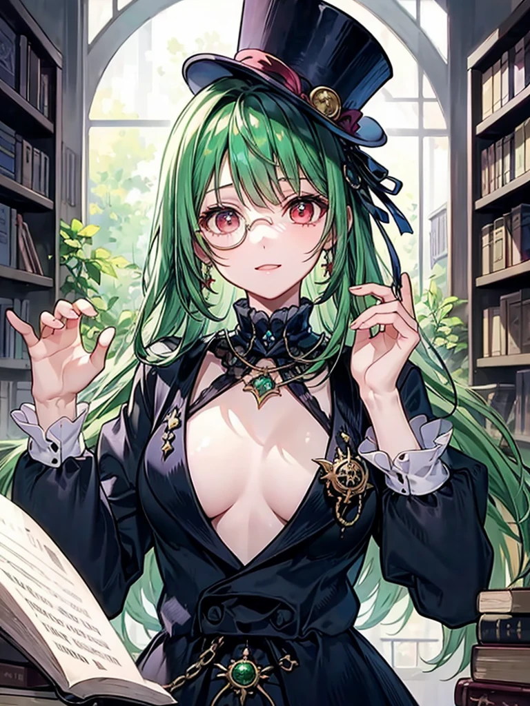 （（（masterpiece、Highest image quality、highest quality、highly detailed unity 8ｋwallpaper）））、（（Illustration of one girl、upper body））、（（（beautiful girl）））、（librarian）、（Emerald green hair、sidelocks：1.2、red eyes、crazy smile）、（（（flat chest）））、（（（monocle）））、pocket watch、（（（Black top hat、Black tuxedo）））、great medieval library、Large amount of books、stage