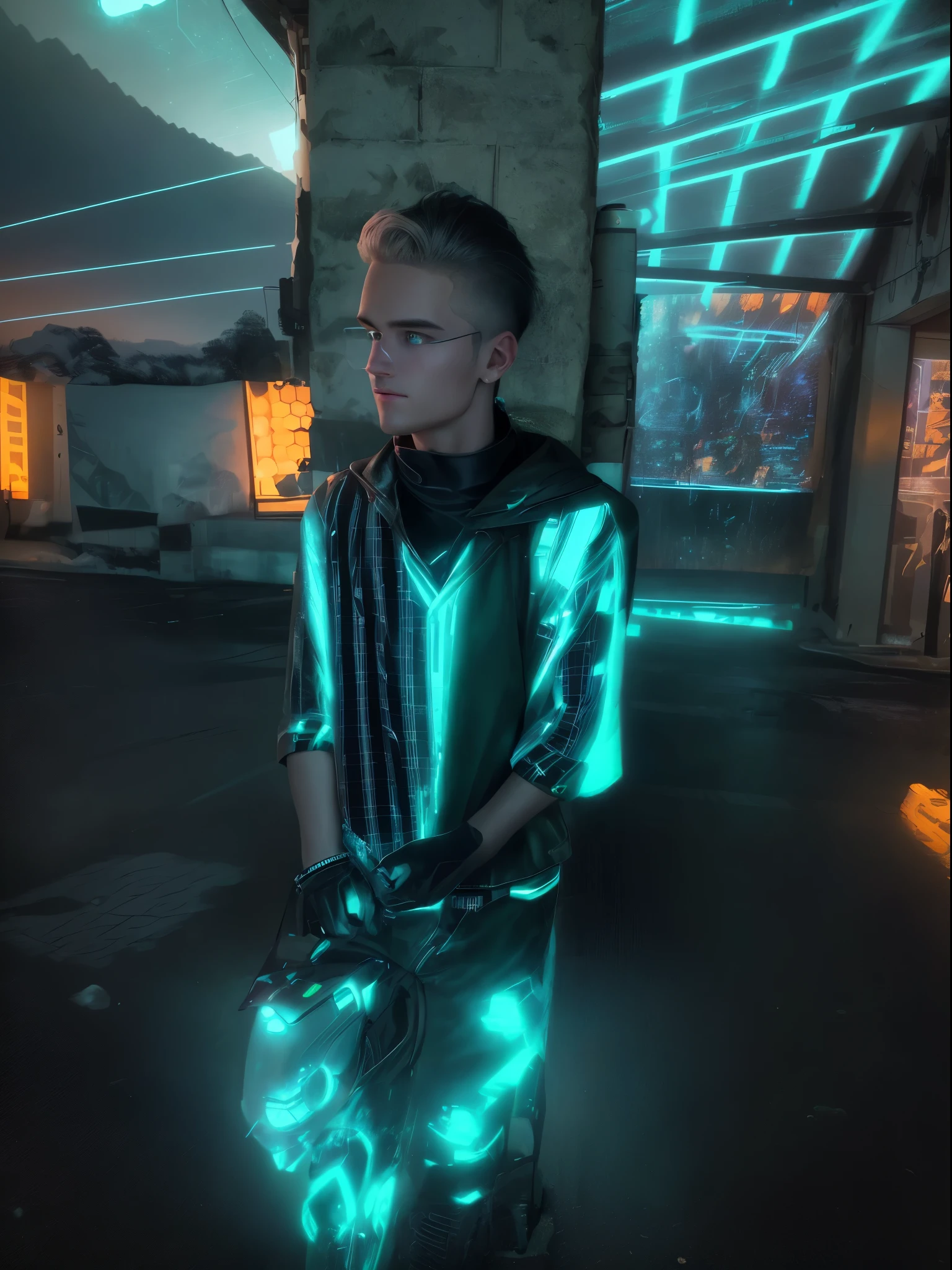 "Cyberpunk portrait photography featuring a handsome young man, gazing off-camera, donning a luminous futuristic jacket. His face displays remarkable realism, with his eyes peeking through his hair, set in their rightful position. His skin appears natural, illuminated by soft and rim lighting, while the backdrop showcases intricate details along a roadside. This highly detailed, octane-rendered image is available in stunning HD quality at 8k resolution, captured by Annie Leibovitz with a 120mm lens.