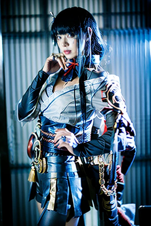 Woman in a blue shirt and black shorts holding a chain, Photographed with Canon EOS R6, Inspired by Shirow Masamune, Inspired by Ren Mei, Quieter than Metal Gear Solid, tifa lockhart, tifa lockhart, black lagoon levi, cosplay, Quieter than Metal Gear Solid v, league of legends senna, ayaka cosplay, cosplay photo