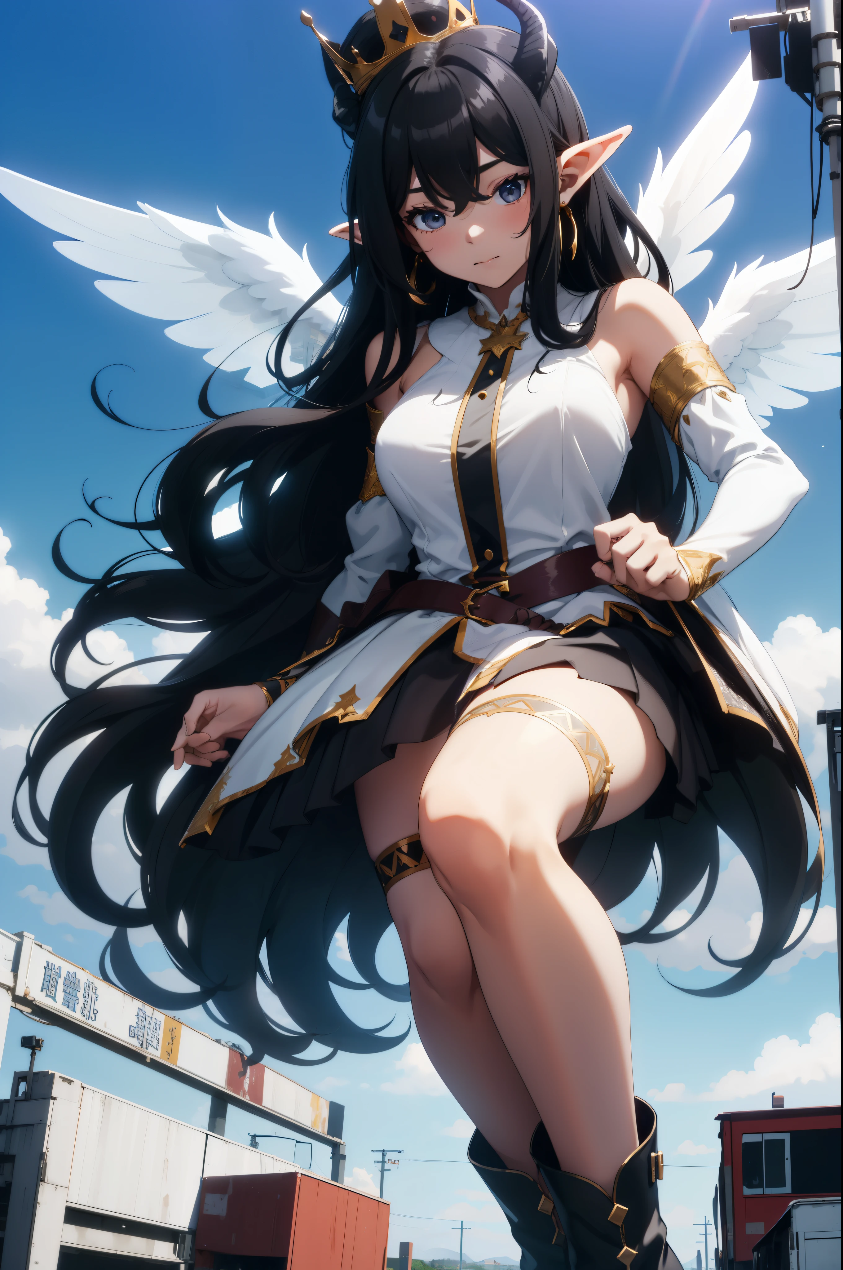 giant girl 50,000 feet high，Weight 1000kg，Have a pair of long legs，Keep your eyes open，Has three pairs of huge white angel wings，With huge devil horns on his head，There are nine fox tails，wear a crown on your head，Elf wearing white earrings，She has long black hair that reaches her feet，loose hair，Black wavy long curly hair，Wearing a pair of black boots on her feet，white sleeves，white skirt，Bow and star embellished skirt，Destroy a small city，Beautiful appearance，Exquisite makeup，quality，8k，高quality，Perfect proportion, Cinema lighting，film grain，Fuji colors，8k，textured skin，Super details，high detail，high resolution，domineering，strong，charming，blood stains，脚底有blood stains，whole body，fat，elf princess，feather，flowers