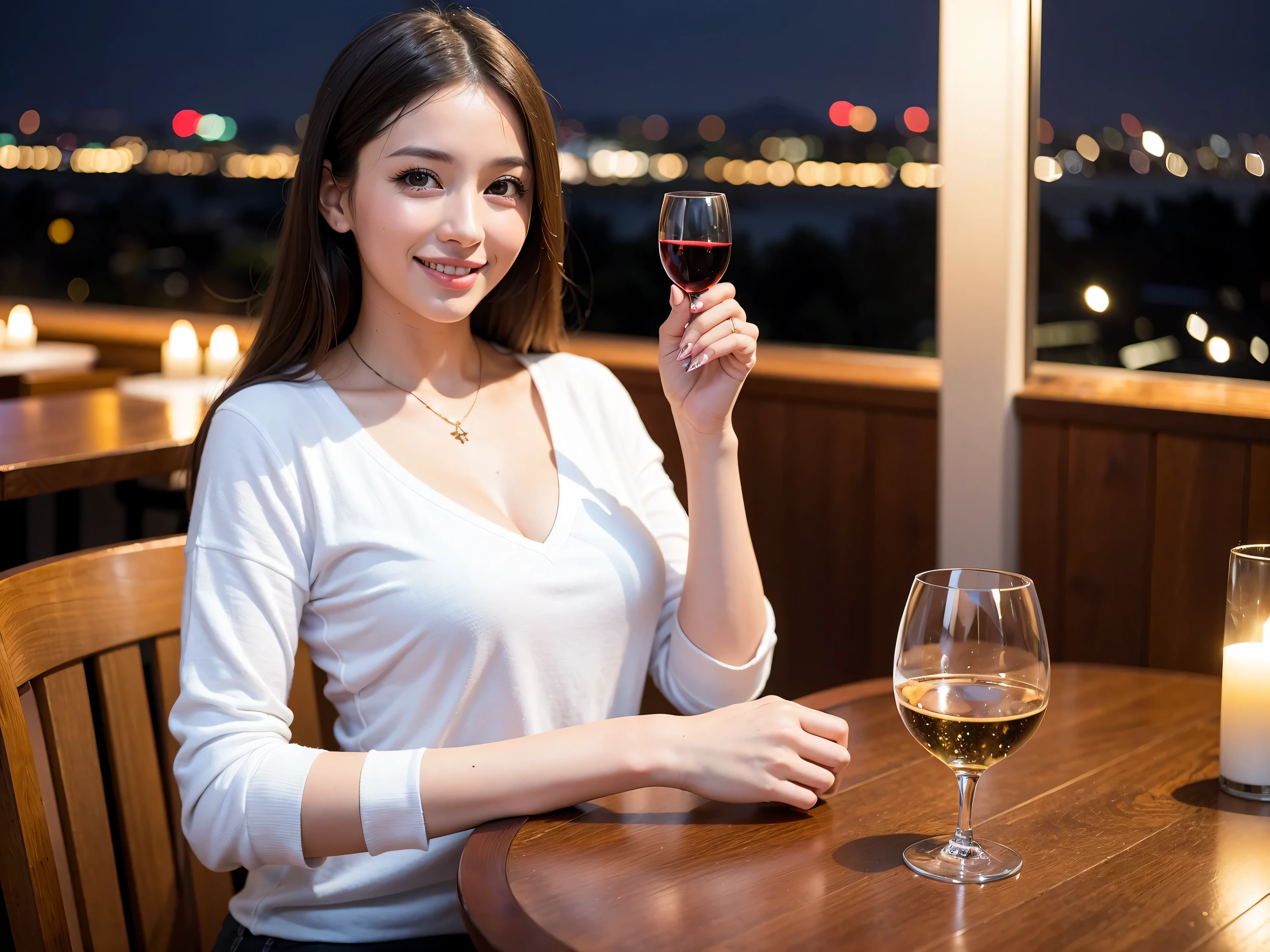 (including 64k, nffsw, highest quality, table top: 1.2), (realistic, photorealistic: 1.37), long sleeve shirt、winter fashion、Colombia、Brazilian、Japanese、Dutch、German、Portuguese、Belgian、Italian、french,champagne、Sparkling wine、 (slimフェイス), (slimボティ), (brown hair), (shortcut), Neat beauty、cheeks blush a little, (35 years old), 38 years old, alone, 窓の外には美しく緻密なnight景が広がります., restaurant, wine glassが座っている, nightに, in a prominent place (from the Upper body) nova frog style, actress, model, Upper body, White wine, slim, wine glass, Super Clean night View, wine glass Put in the Middle, Happy smile, (smile: 1.15), beautiful and detailed eyes, Upper body, bust japan up, night, short, short, actress, model, Upper body, White wine, slim, wine glass, Super Clean night View, wine glass Put in the Middle, Happy smile,