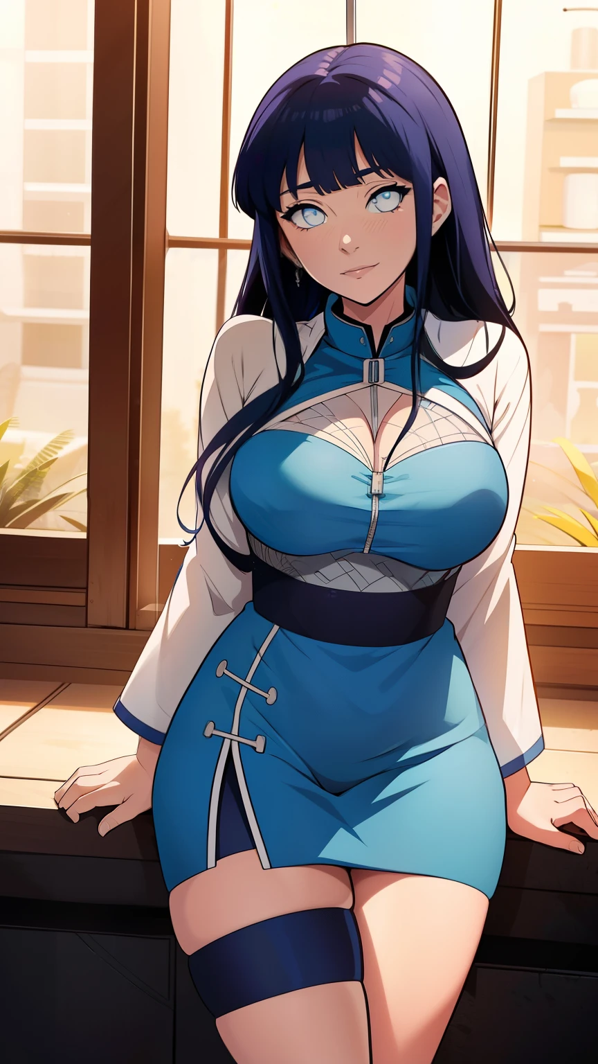 Hinata Hyûga mesure environ 160 centimètres. yeux nacrés ,ses cheveux noirs Raides , coupe avec frange, qui atteignent la longueur de ses épaules, teint pâle , Qipao bleu, collants noirs, couettes, Qipao bleu




