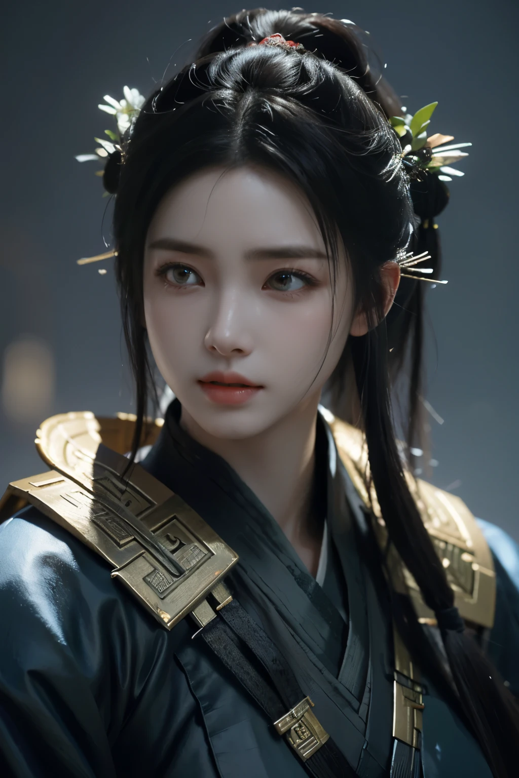 Game art，The best picture quality，Highest resolution，8K，(A bust photograph)，(Portrait from bust:1.5)，(Head close-up)，(Rule of thirds)，Unreal Engine 5 rendering works， (The Girl of the Future)，(Female Warrior)， 
20岁少女，(The warrior in ancient China)，An eye rich in detail，(Big breasts)，优雅高贵，冷漠，(Brave)，
(The costume of Chinese swordsman elements，Costumes of ancient Chinese characters，A random pattern of clothing，Ribbon，Joint Armor，Rich dress details)，(Chinese Hanfu:1.3)，人物，奇幻风格，
拍照姿势，野外背景，Movie lights，Ray tracing，Game CG，((3D Unreal Engine))，oc渲染反射纹