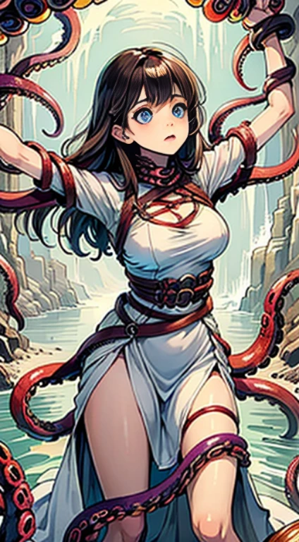 ((masterpiece)), ((best quality)), (ultra-detailed),(in the cave),(monster),(((many tentacles wrap arotnd the body))),a cute girl, 1girl, solo, (white girly dress),((many tentacles bound arms)), ((thin waist)),large breast, slim, slender,beautiful brown hair, beautiful blue eyes, (beautiful eyes), long hair,troubled expressio