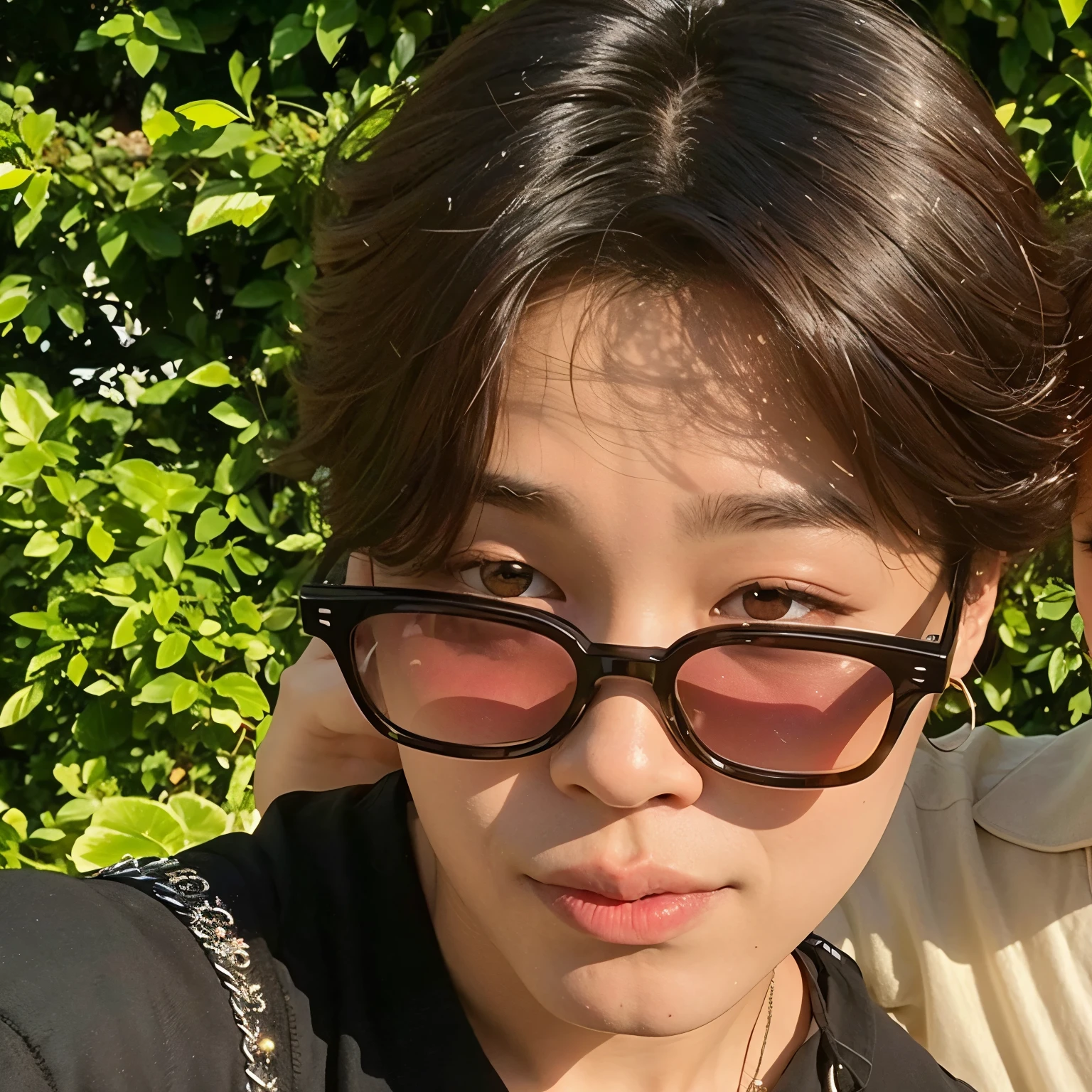 There's a woman and a man taking a selfie together, park Jimin, Jimin\the full lips, Jimin\the right eyelid is swollen, Jung Jaehyun, Jimin, Jimin\o nariz grego, accurate Jimin face, Kim Doyoung, taejune kim, with sunglasses, hyung tae, Jinyoung Shin, Hong junho hyung, com cabelo curto