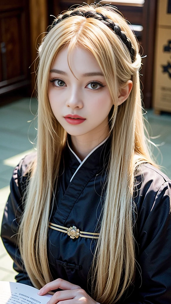 a close up of a woman with long blonde hair wearing a black dress, lalisa manobal, white hime cut hairstyle, with white long hair, with long white hair, lalisa manoban of blackpink, chinese girl, anime girl cosplay, palace ， a girl in hanfu, traditional chinese, asian girl with long hair, long white hair and bangs