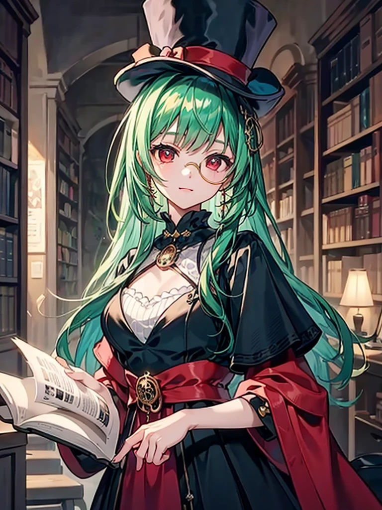（（（masterpiece、Highest image quality、highest quality、highly detailed unity 8ｋwallpaper）））、（（Illustration of one girl、upper body））、（（（beautiful girl）））、（librarian）、（Emerald green hair、sidelocks：1.2、red eyes、crazy smile）、（（（flat chest）））、（（（monocle）））、pocket watch、（（（Black top hat、Black tuxedo）））、great medieval library、Large amount of books