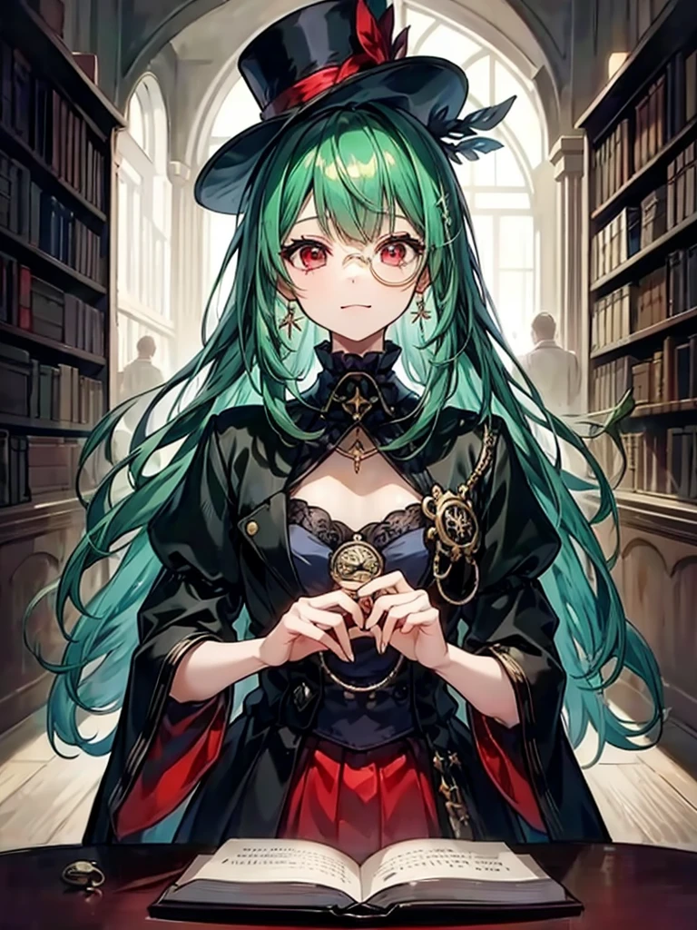 （（（masterpiece、Highest image quality、highest quality、highly detailed unity 8ｋwallpaper）））、（（Illustration of one girl、upper body））、（（（beautiful girl）））、（librarian）、（Emerald green hair、sidelocks：1.2、red eyes、crazy smile）、（（（flat chest）））、（（（monocle）））、pocket watch、（（（Black top hat、Black tuxedo）））、great medieval library、Large amount of books