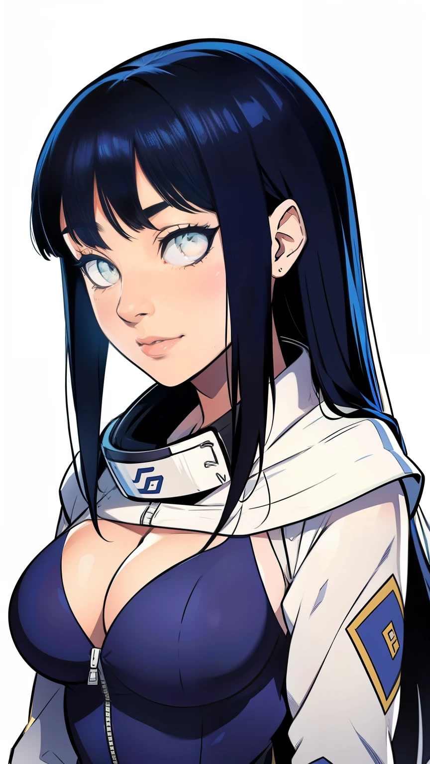 Hinata Hyûga mesure environ 160 centimètres. yeux nacrés ,ses cheveux noirs Raides , coupe avec frange, qui atteignent la longueur de ses épaules, teint pâle , collants noirs, couettes, tailleur de secrétaire sexy