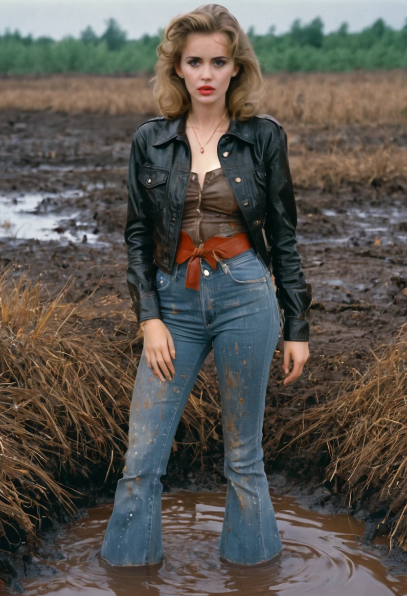 50s setting, film photo of vulnerable girl in muddy worn-out high waist jeans and leather jacket and blouse drowning in bog, flares