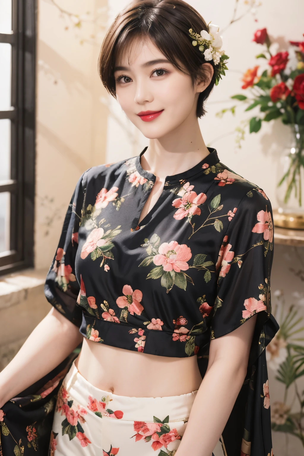 149
(20 year old woman,floral print outfit,pants), (Super realistic), (high resolution), ((beautiful hairstyle 46)), ((short hair:1.46)), (gentle smile), (brest:1.1), (lipstick)
