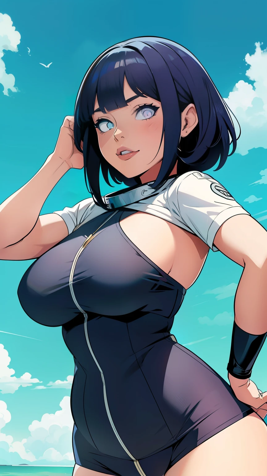 Hinata Hyûga mesure environ 160 centimètres. yeux nacrés ,ses cheveux noirs Raides , coupe avec frange, qui atteignent la longueur de ses épaules, teint pâle , collants noirs, couettes, tailleur de secrétaire sexy