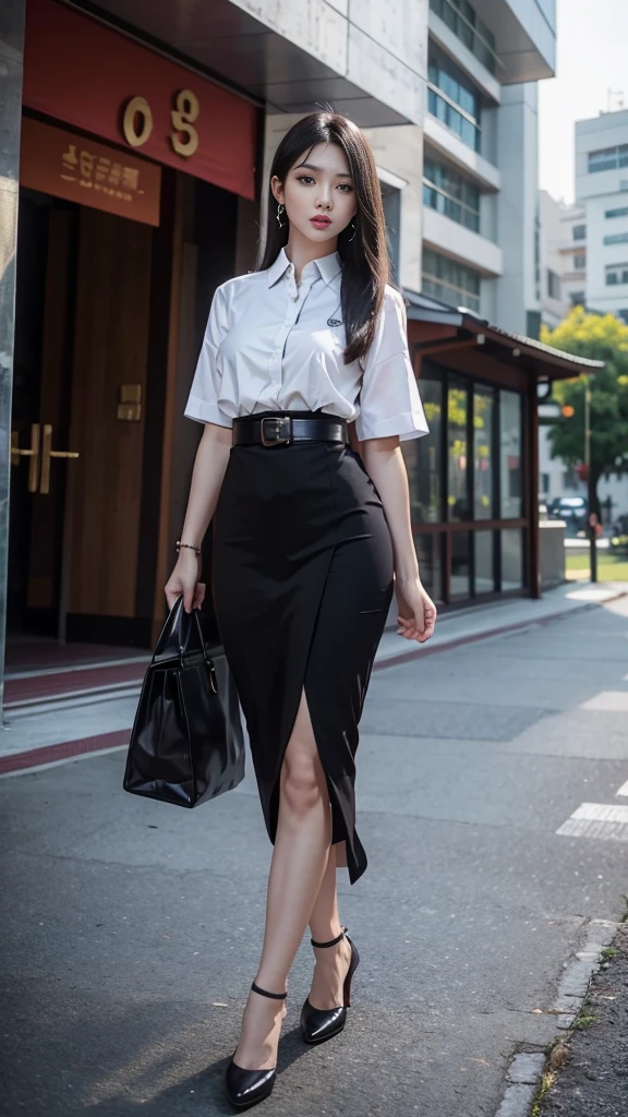 highest resolution, 8K, high definition, นักศึกษาthailand, woman, half-caste, thailand, Japan, Korea, Height 173 centimeters, ((stand, walk)), (Beautiful face, red lips), Long straight black hair, White short-sleeved collared shirt, Massive Gigantic Breasts, กระโปรงดินสอสีดำสั้นมากผ่าข้างพร้อมbeltwoman, tight, Symmetrical shape, sexy figure, small waist, Long legs, Beautiful thighs, Pitch black high heels, earring, Put on a watch, belt, full body photo, Look at every part of the body., (university backdrop, building, building, lawn, outdoor sports field)