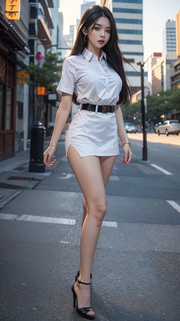 highest resolution, 8K, high definition, นักศึกษาthailand, woman, half-caste, thailand, Japan, Korea, Height 173 centimeters, ((stand, walk)), (Beautiful face, red lips), Long straight black hair, White short-sleeved collared shirt, Massive Gigantic Breasts, กระโปรงดินสอสีดำสั้นมากผ่าข้างพร้อมbeltwoman, tight, Symmetrical shape, sexy figure, small waist, Long legs, Beautiful thighs, Pitch black high heels, earring, Put on a watch, belt, full body photo, Look at every part of the body., (university backdrop, building, building, lawn, outdoor sports field)