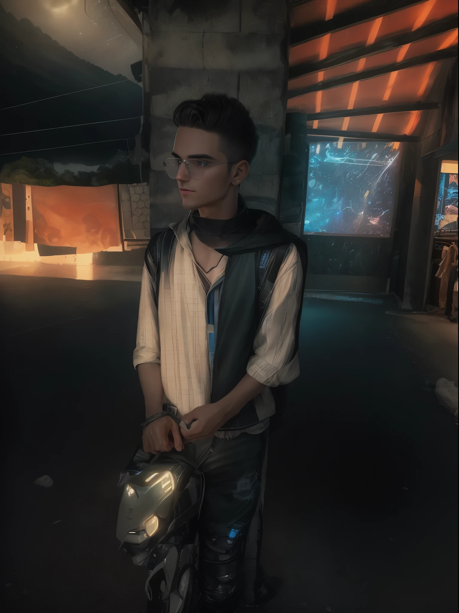 "Cyberpunk portrait photography featuring a handsome young man, gazing off-camera, donning a luminous futuristic jacket. His face displays remarkable realism, with his eyes peeking through his hair, set in their rightful position. His skin appears natural, illuminated by soft and rim lighting, while the backdrop showcases intricate details along a roadside. This highly detailed, octane-rendered image is available in stunning HD quality at 8k resolution, captured by Annie Leibovitz with a 120mm lens.
