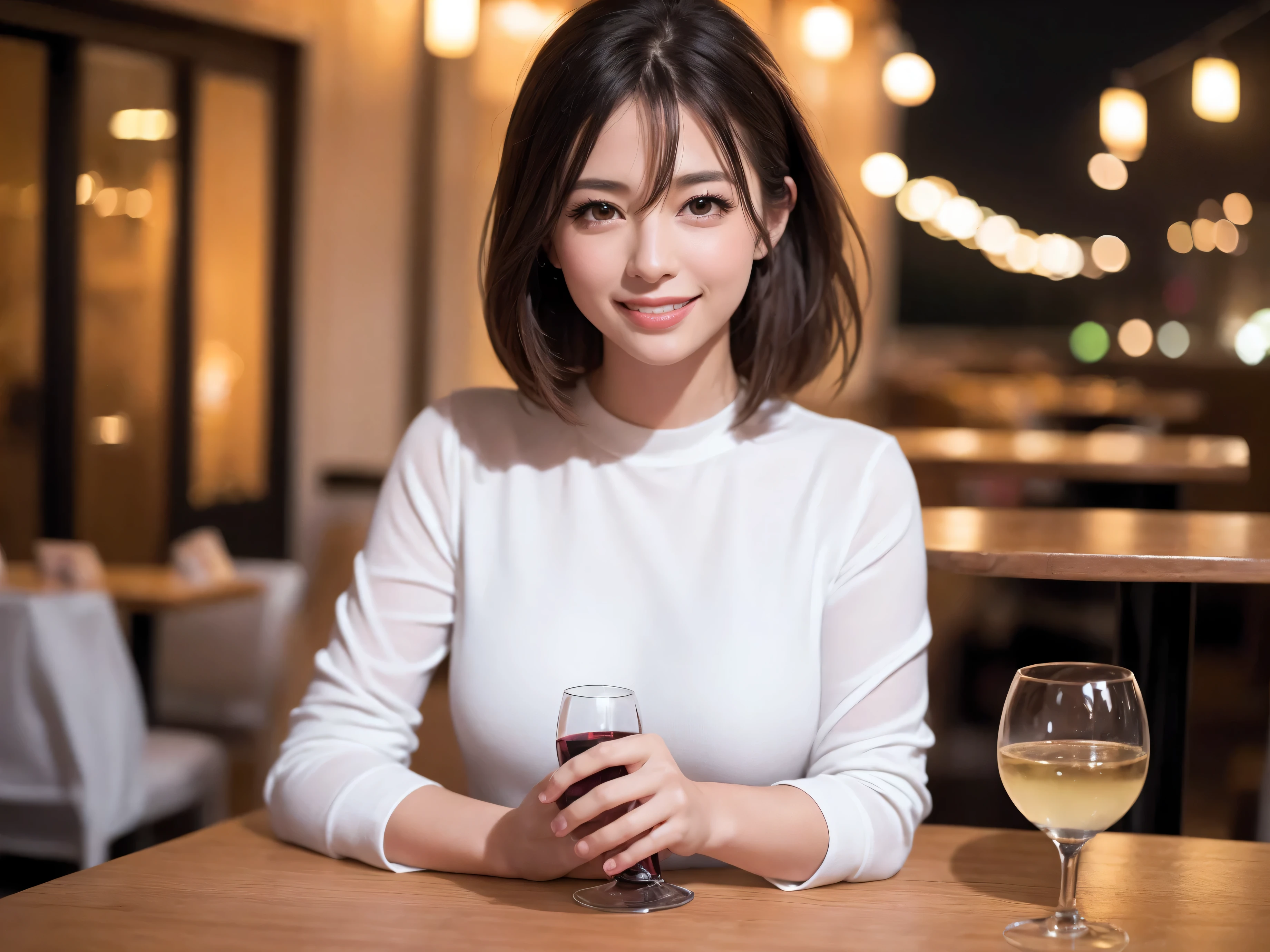 (including 64k, nffsw, highest quality, table top: 1.2), (realistic, photorealistic: 1.37), long sleeve shirt、winter fashion、Colombia、Brazilian、Japanese、Dutch、German、Portuguese、Belgian、Italian、french,champagne、Sparkling wine、 (slimフェイス), (slimボティ), (brown hair), (shortcut), Neat beauty、cheeks blush a little, (35 years old), 38 years old, alone, 窓の外には美しく緻密なnight景が広がります., restaurant, wine glassが座っている, nightに, in a prominent place (from the Upper body) nova frog style, actress, model, Upper body, White wine, slim, wine glass, Super Clean night View, wine glass Put in the Middle, Happy smile, (smile: 1.15), beautiful and detailed eyes, Upper body, bust japan up, night, short, short, actress, model, Upper body, White wine, slim, wine glass, Super Clean night View, wine glass Put in the Middle, Happy smile,