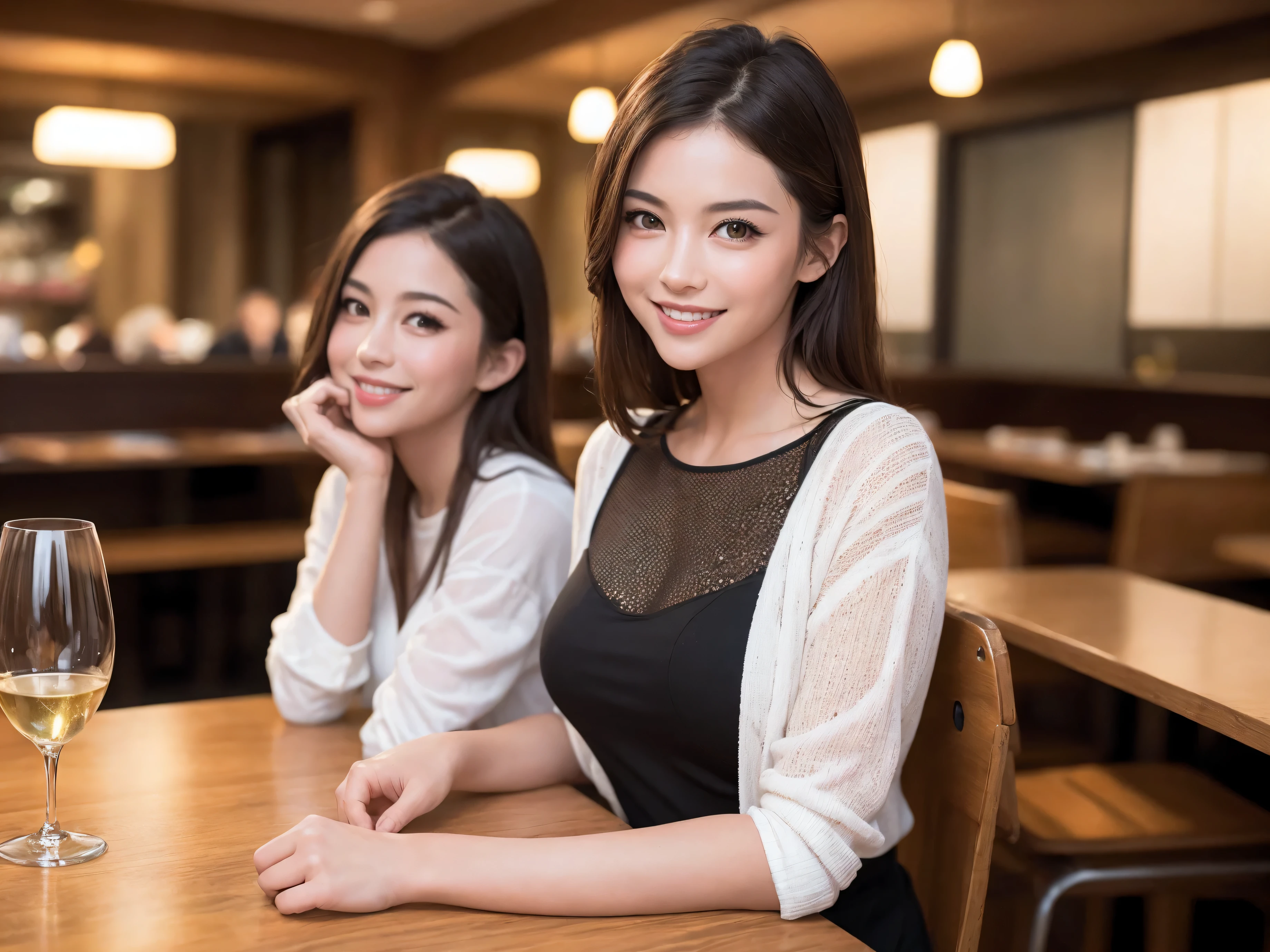 ((Highest quality、8k、masterpiece:1.3))、Shortcuts、cute、slimカップル、modelカップル、actress男優、(Realistic, Intricate details:1.2), full-course dinner、Wine Party、Amazing view of the sunset sky and clouds、A bright smile、short hair,Bright Face、 (Age 45), 42 years old, red wine 、Appetizers、Italian food、Wine bottle、Champagne、sparkling wine、Two beauties、Brown Hair、Shortcuts、Long sleeve shirt、dress、Beautiful woman 1, (slimな顔), (The body is slim), (Brown Hair), (Shortcuts), cheeks turn a little red,Attractive beauty、restaurant, In a prominent place (From the waist up) Nova Frog Style, actress, model, Upper Body, White wine, slim, wine glass, 中央に置かれたwine glass, smile, (smile: 1.15), Beautiful fine grain, Depth f/2,saturation, High Contrast, Strong light and shadow,Moist Body:1.5、3D texture、Delicate eyes、Brown Hair、The hair is very shiny、